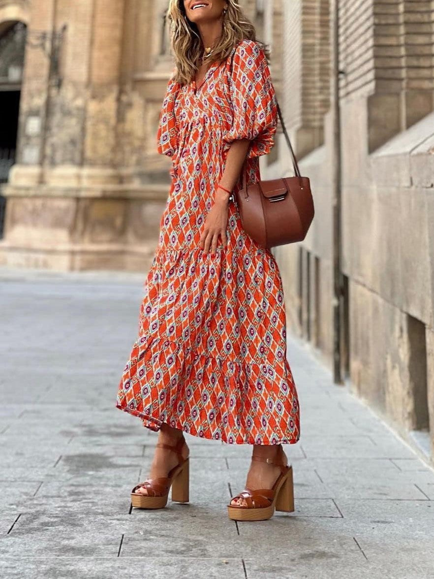 🌈Summer Hot - 💝Bohemian style V-neck puff sleeve floral maxi dress