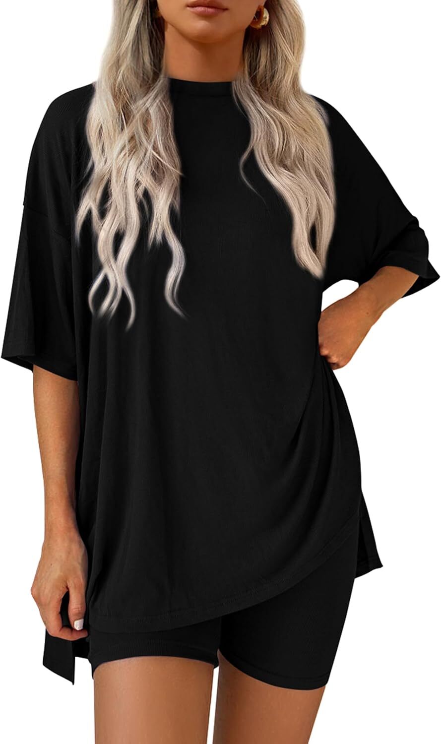 Special Sale🩷Women's Two Piece Lounge Set Casual Oversized Shirts Biker Shorts Matching Airport Travel Outfit