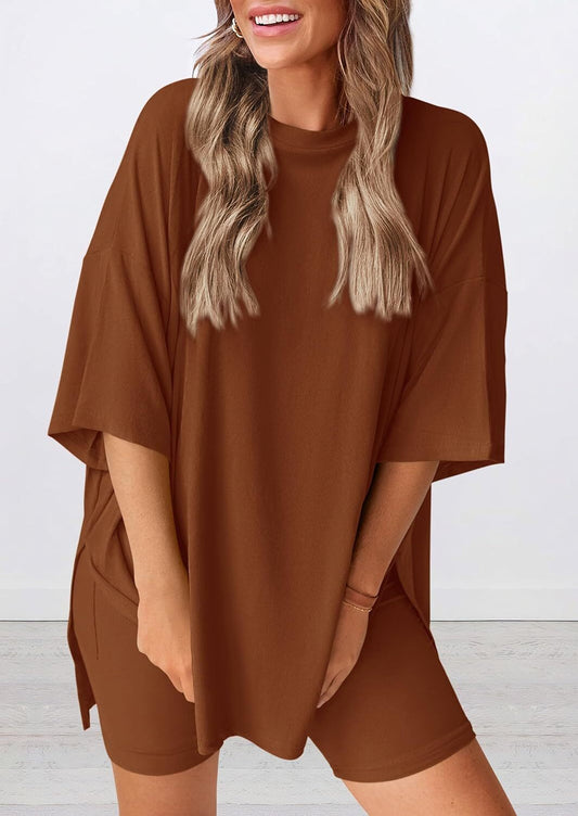 Special Sale🩷Women's Two Piece Lounge Set Casual Oversized Shirts Biker Shorts Matching Airport Travel Outfit