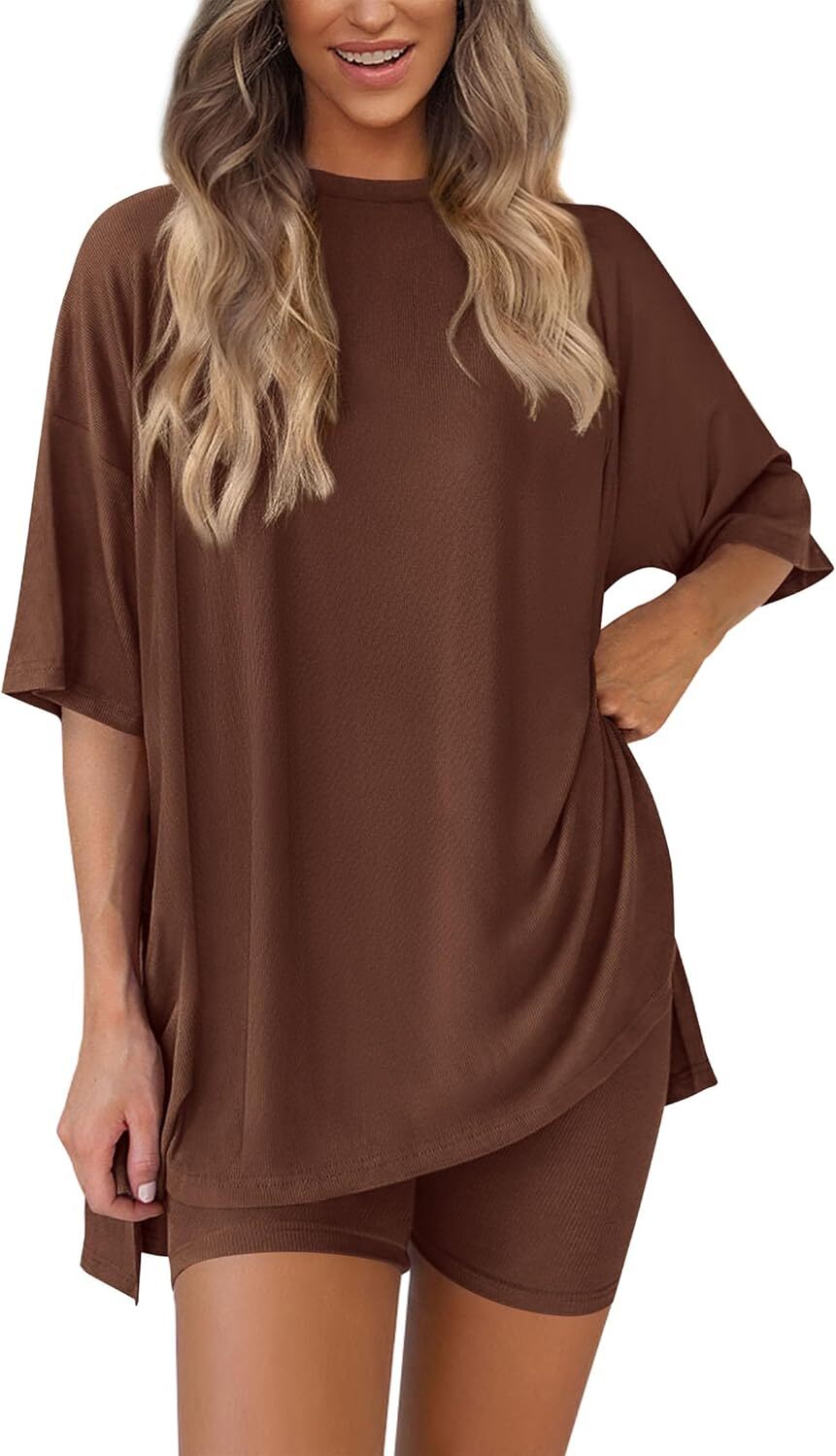 Special Sale🩷Women's Two Piece Lounge Set Casual Oversized Shirts Biker Shorts Matching Airport Travel Outfit