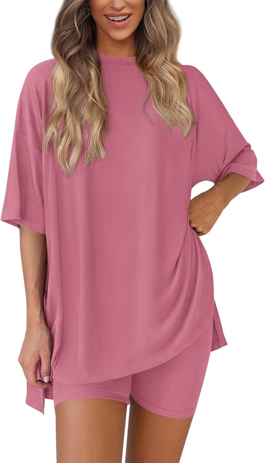 Special Sale🩷Women's Two Piece Lounge Set Casual Oversized Shirts Biker Shorts Matching Airport Travel Outfit
