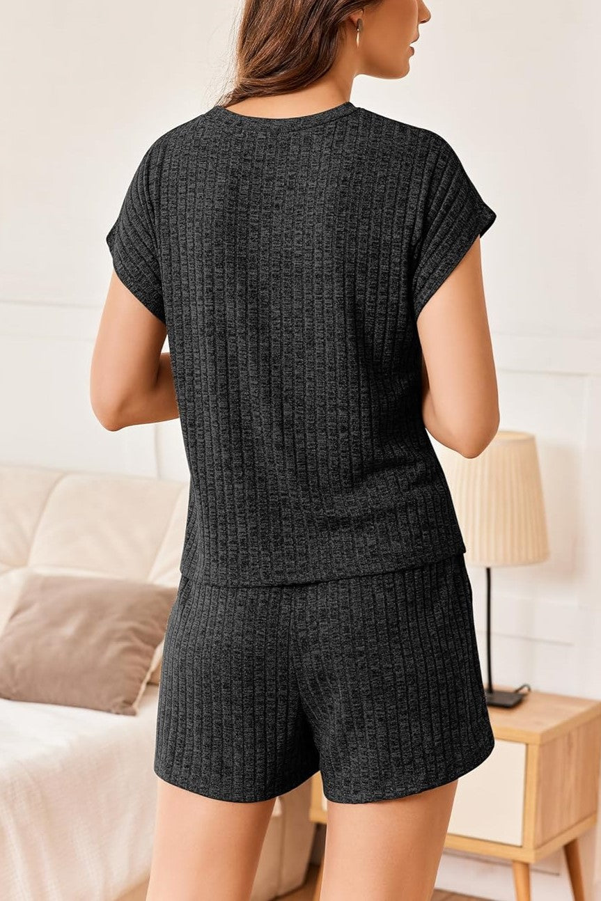 HOT SALE Womens Ribbed Short Cap Sleeve Top and Shorts Lounge Set (Buy 2 Free Shipping)