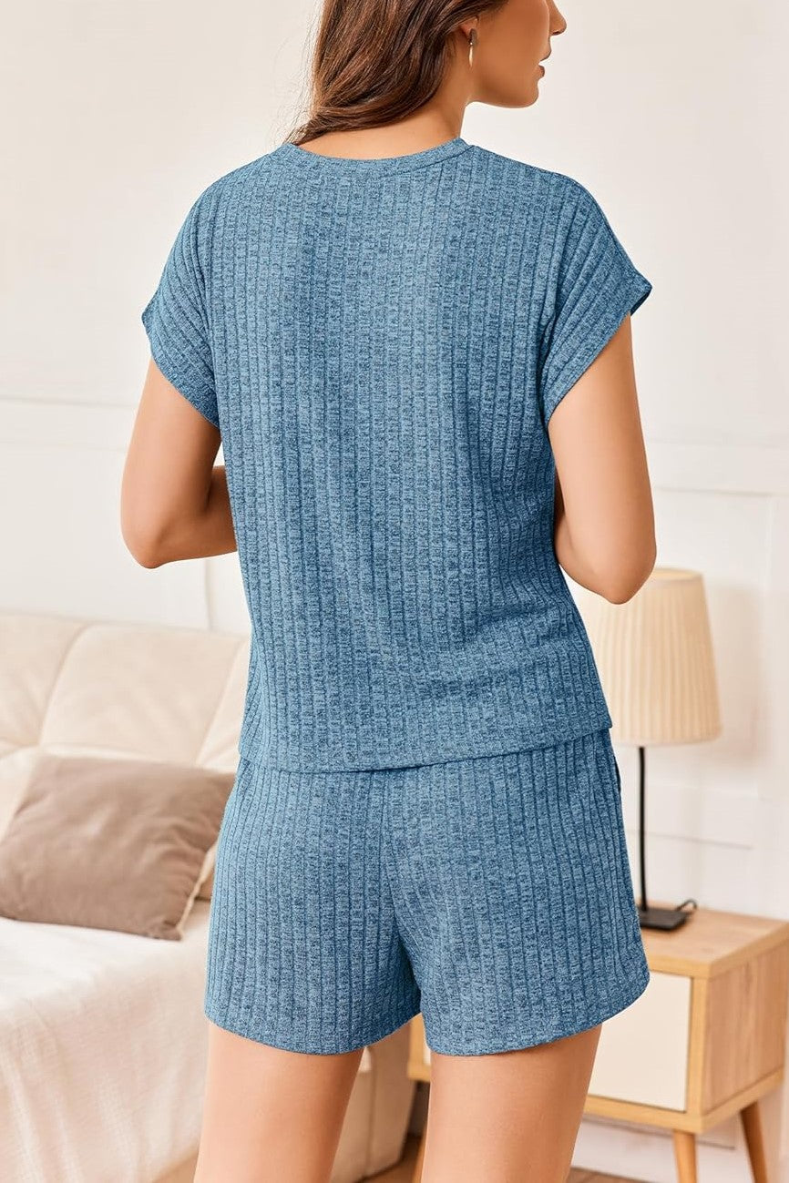 HOT SALE Womens Ribbed Short Cap Sleeve Top and Shorts Lounge Set (Buy 2 Free Shipping)