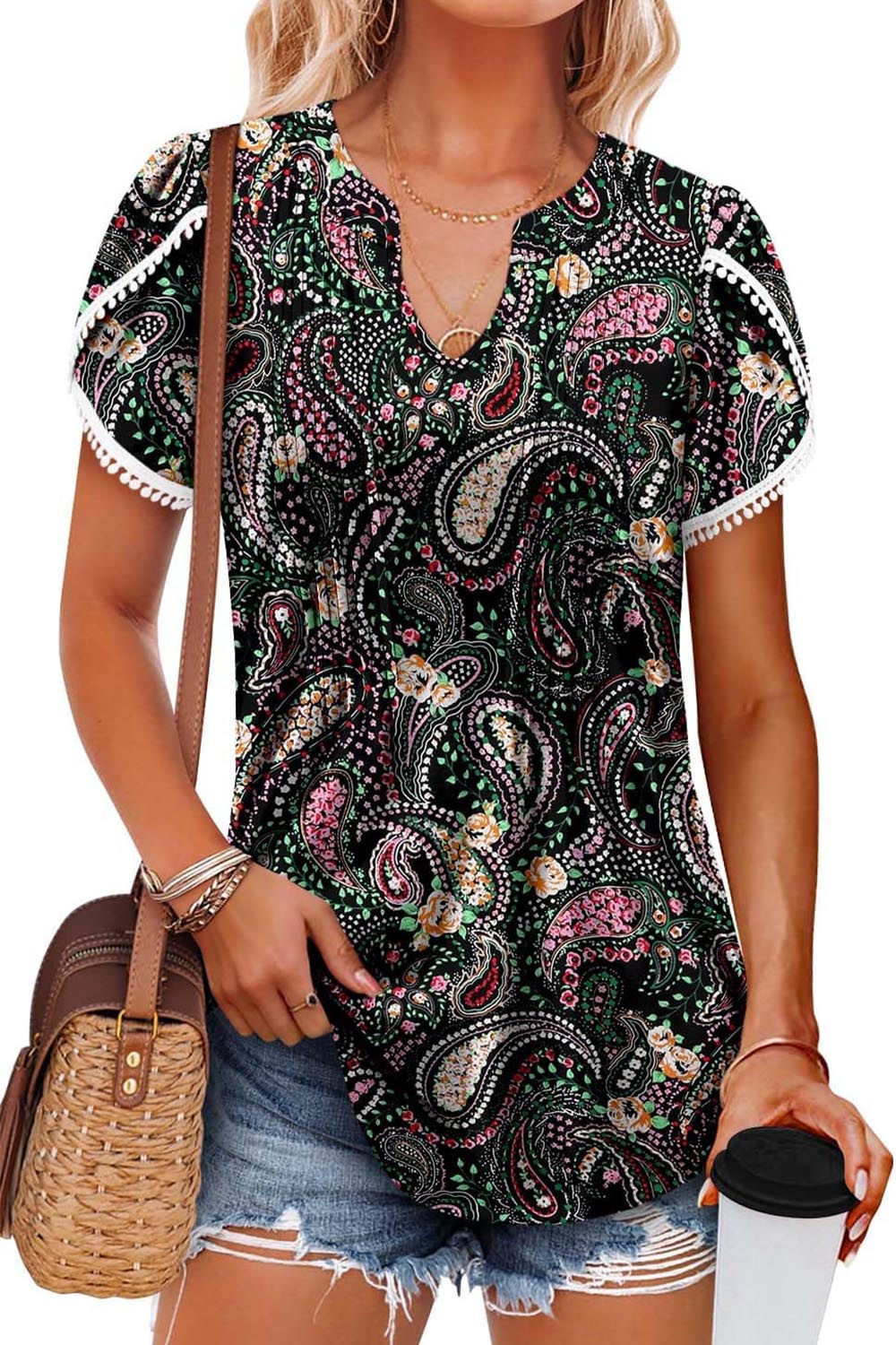 HOT SALE Women's Cute Fringe Cuff Casual Short Sleeve Printed & Solid Tops