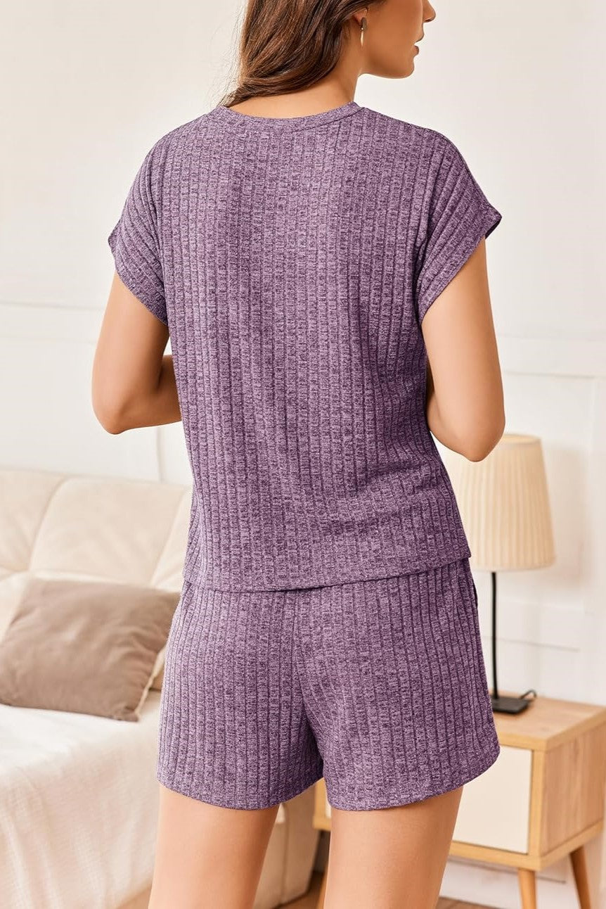 HOT SALE Womens Ribbed Short Cap Sleeve Top and Shorts Lounge Set (Buy 2 Free Shipping)
