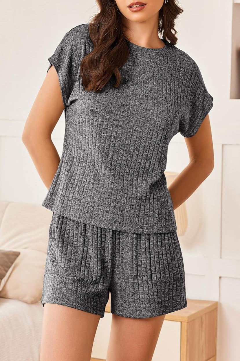 HOT SALE Womens Ribbed Short Cap Sleeve Top and Shorts Lounge Set (Buy 2 Free Shipping)