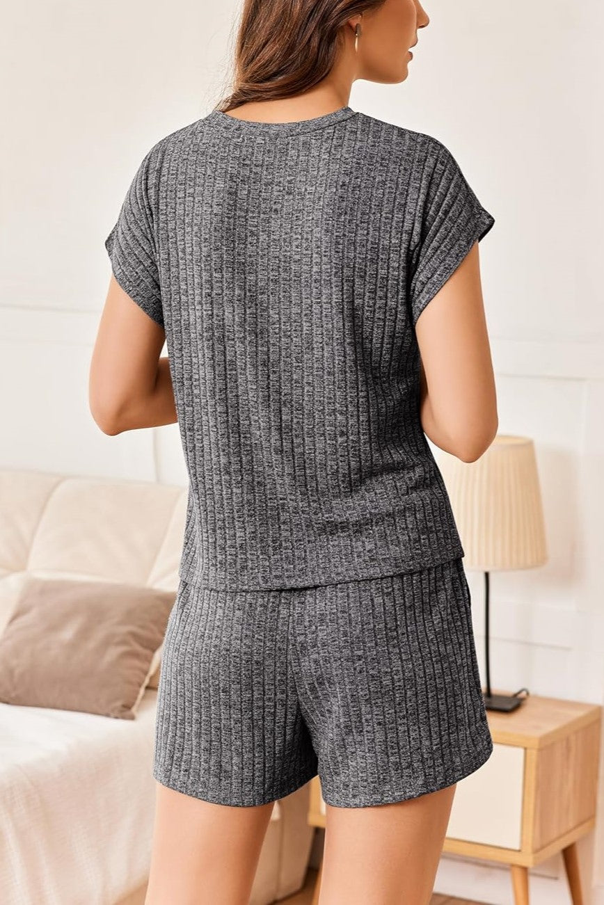HOT SALE Womens Ribbed Short Cap Sleeve Top and Shorts Lounge Set (Buy 2 Free Shipping)