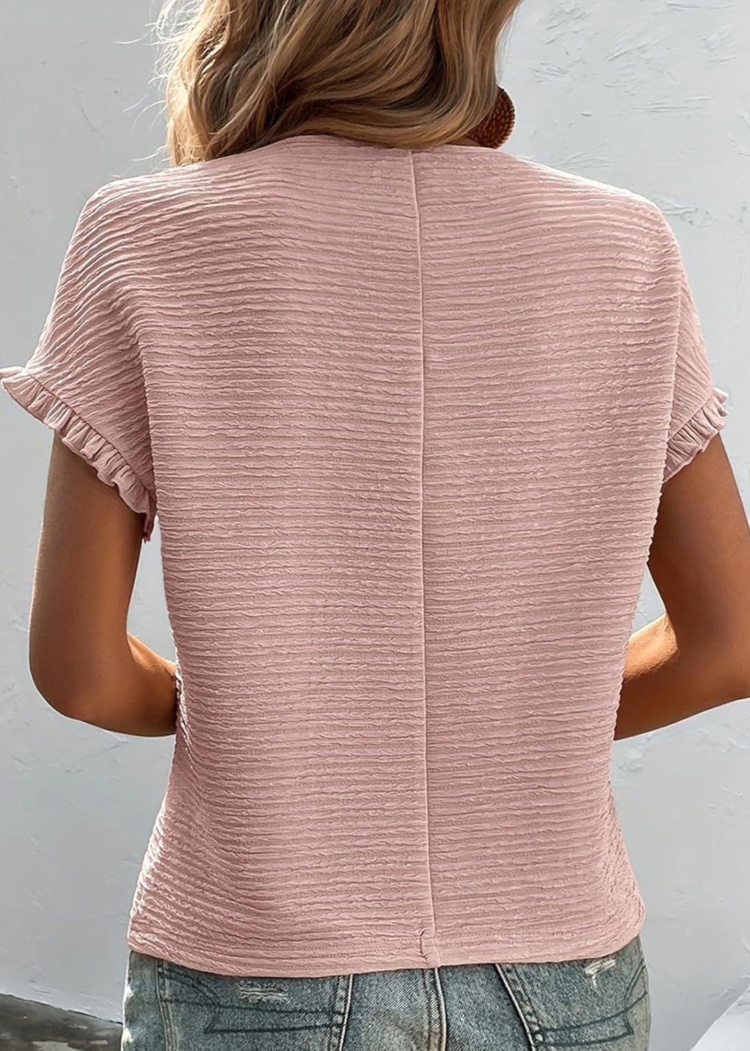 HOT SALE Women's Crewneck Textured Pleated Short Sleeve Shirt Top