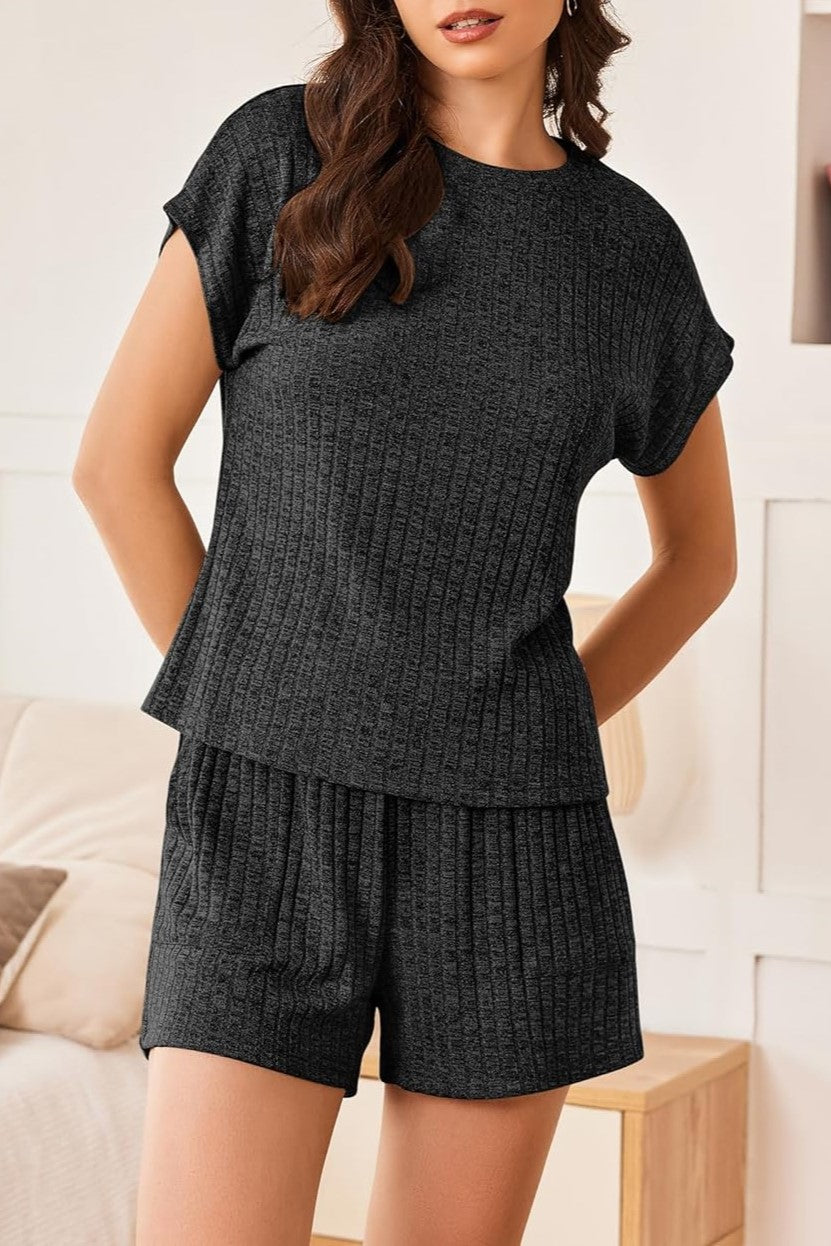 HOT SALE Womens Ribbed Short Cap Sleeve Top and Shorts Lounge Set (Buy 2 Free Shipping)