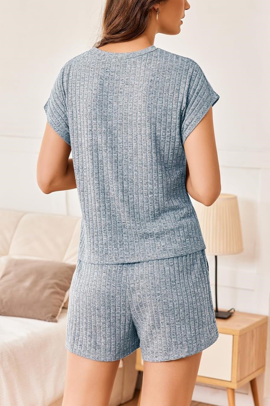 HOT SALE Womens Ribbed Short Cap Sleeve Top and Shorts Lounge Set (Buy 2 Free Shipping)