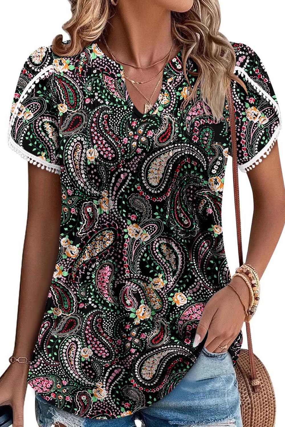 HOT SALE Women's Cute Fringe Cuff Casual Short Sleeve Printed & Solid Tops