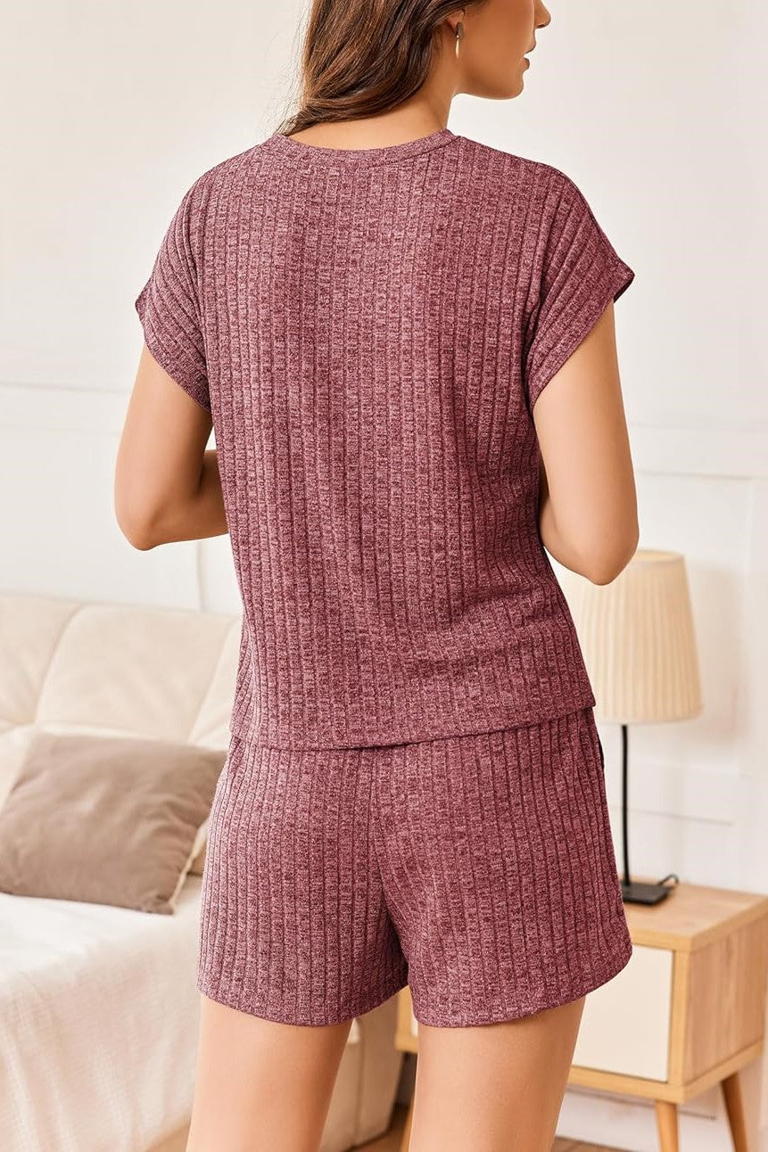 HOT SALE Womens Ribbed Short Cap Sleeve Top and Shorts Lounge Set (Buy 2 Free Shipping)