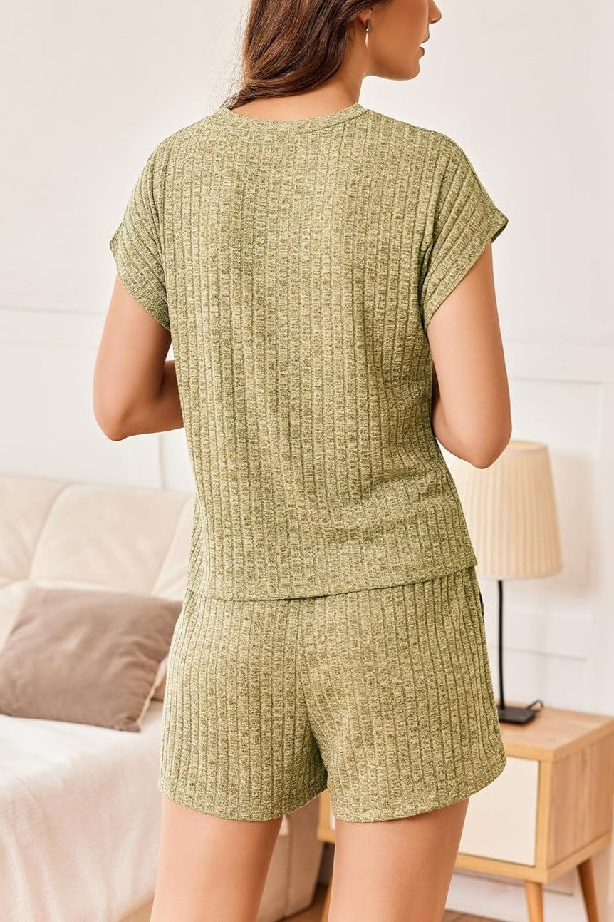 HOT SALE Womens Ribbed Short Cap Sleeve Top and Shorts Lounge Set (Buy 2 Free Shipping)