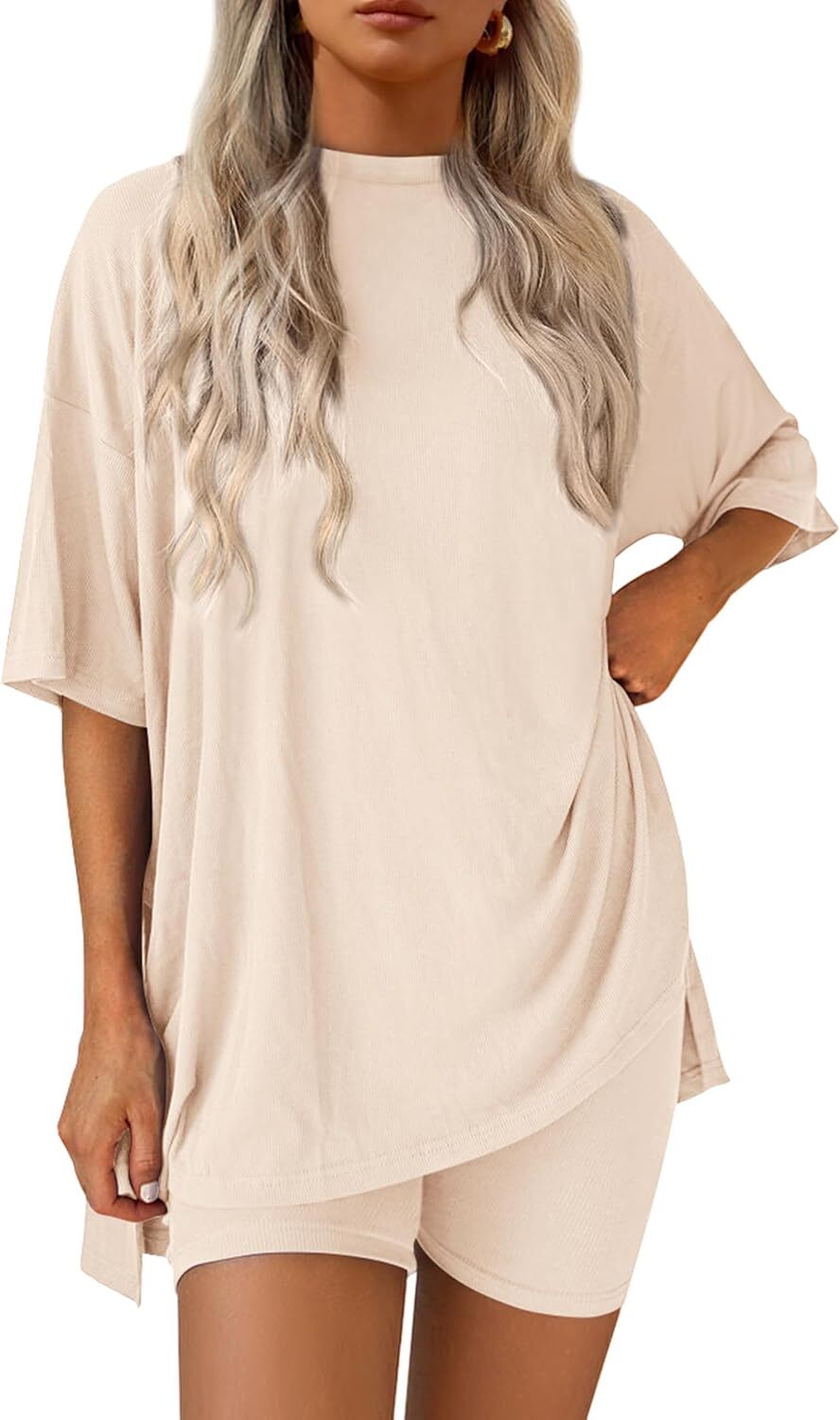 Special Sale🩷Women's Two Piece Lounge Set Casual Oversized Shirts Biker Shorts Matching Airport Travel Outfit