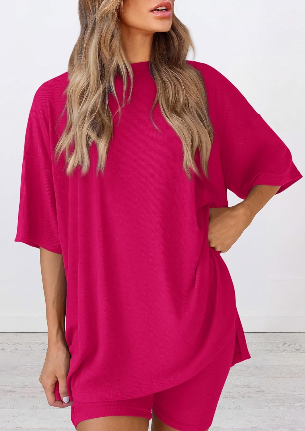 Special Sale🩷Women's Two Piece Lounge Set Casual Oversized Shirts Biker Shorts Matching Airport Travel Outfit