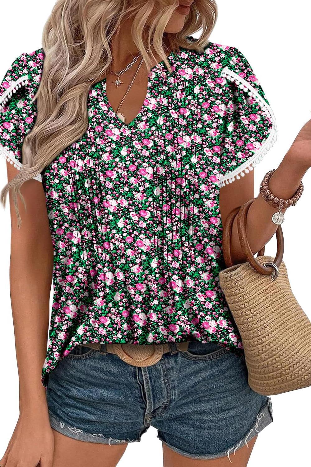 HOT SALE Women's Cute Fringe Cuff Casual Short Sleeve Printed & Solid Tops