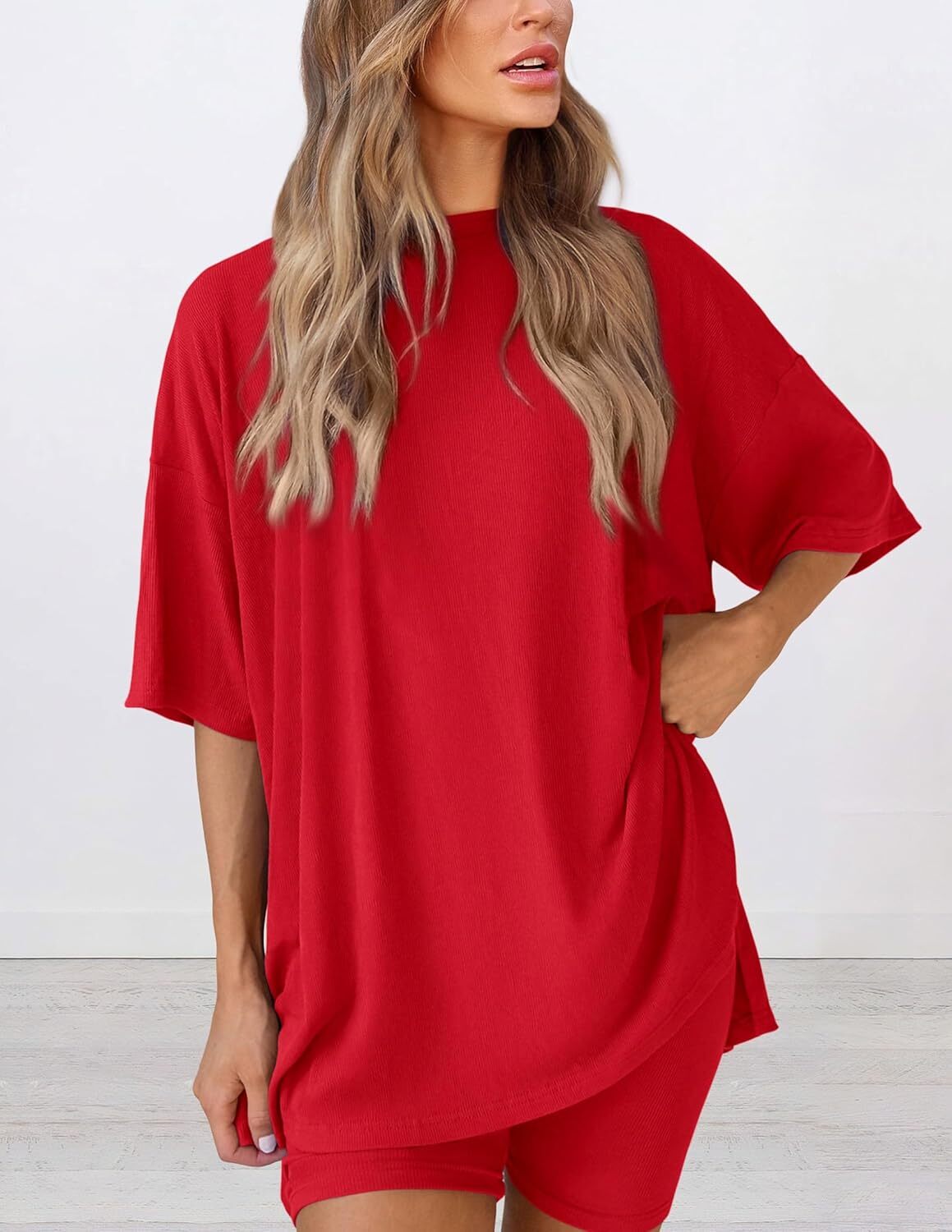 Special Sale🩷Women's Two Piece Lounge Set Casual Oversized Shirts Biker Shorts Matching Airport Travel Outfit