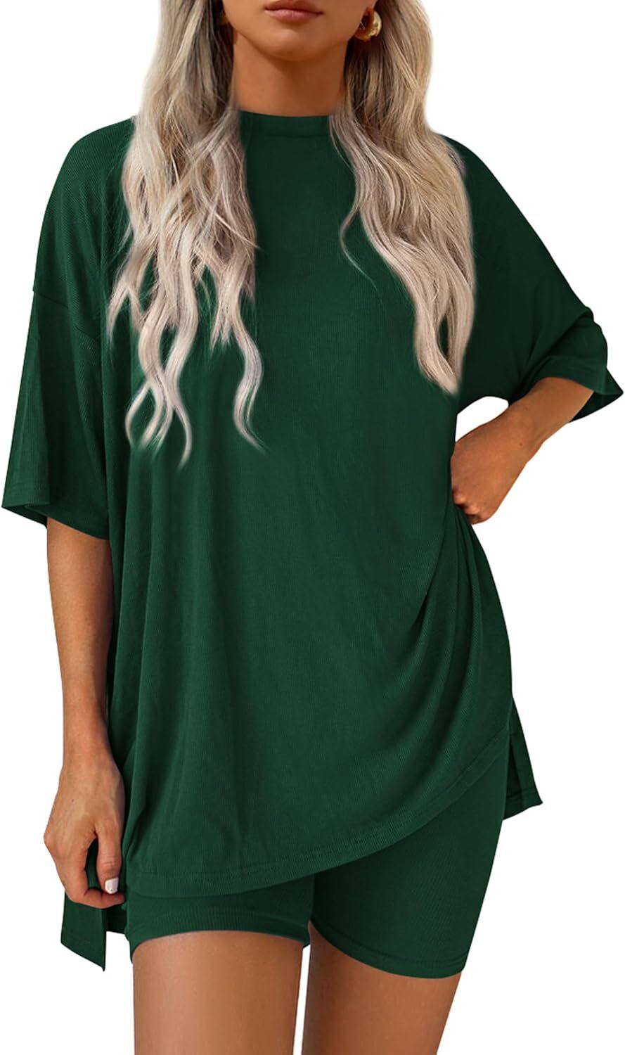 Special Sale🩷Women's Two Piece Lounge Set Casual Oversized Shirts Biker Shorts Matching Airport Travel Outfit