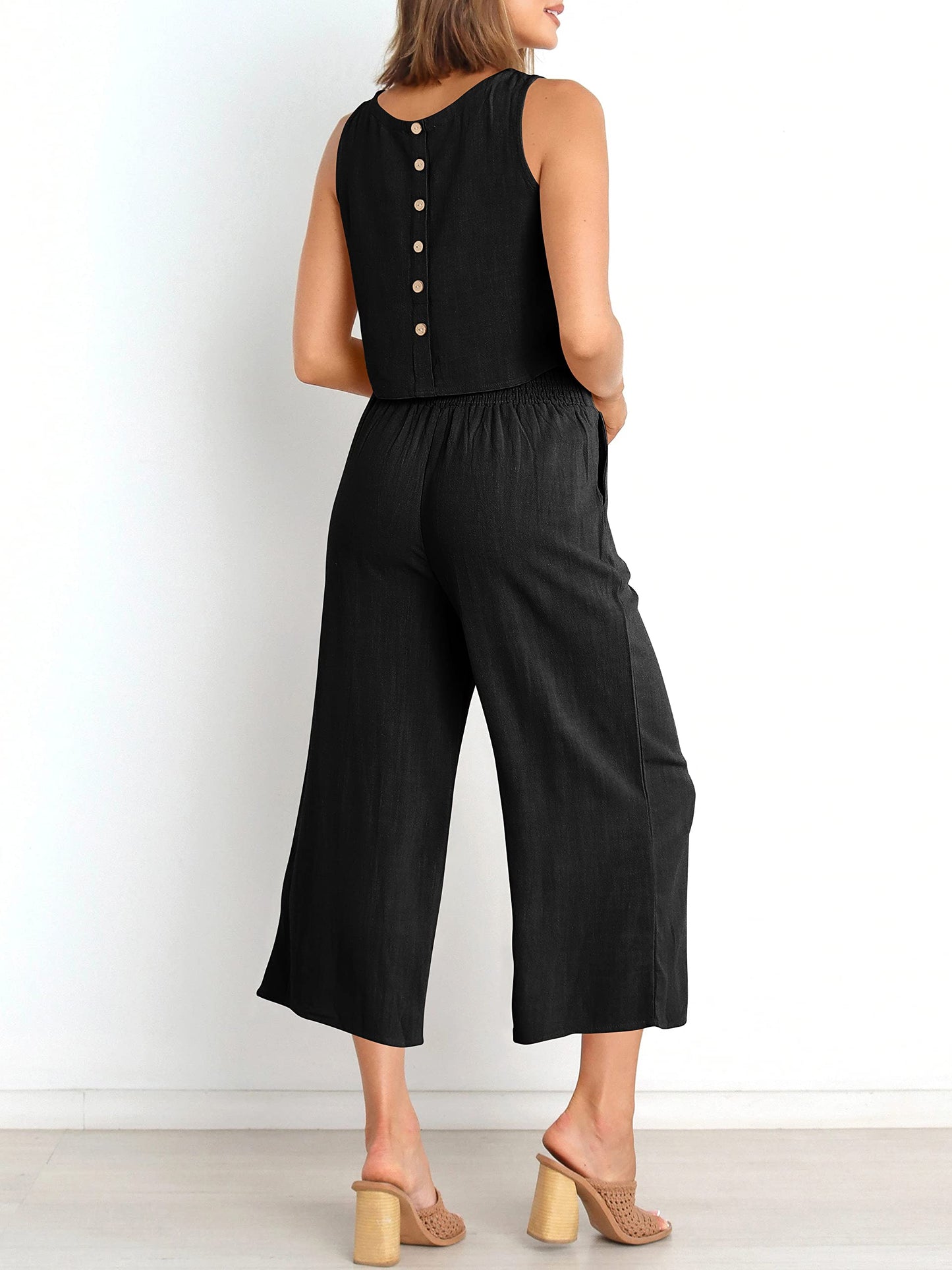 Sleeveless Tank Wide Leg Pants With Pockets