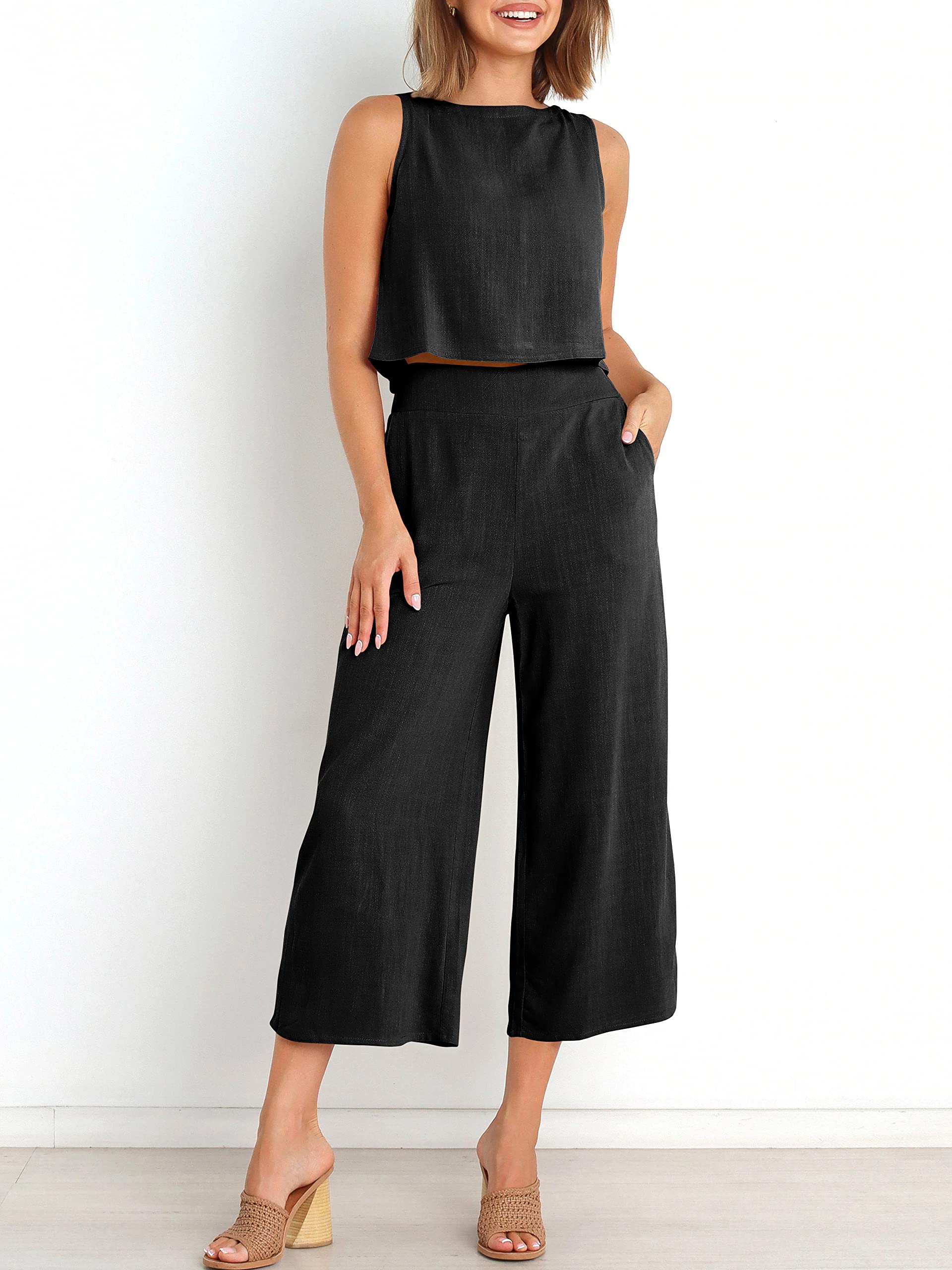 Sleeveless Tank Wide Leg Pants With Pockets
