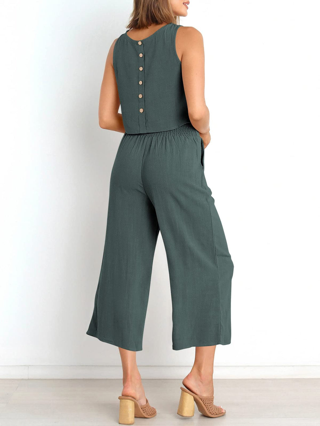 Sleeveless Tank Wide Leg Pants With Pockets