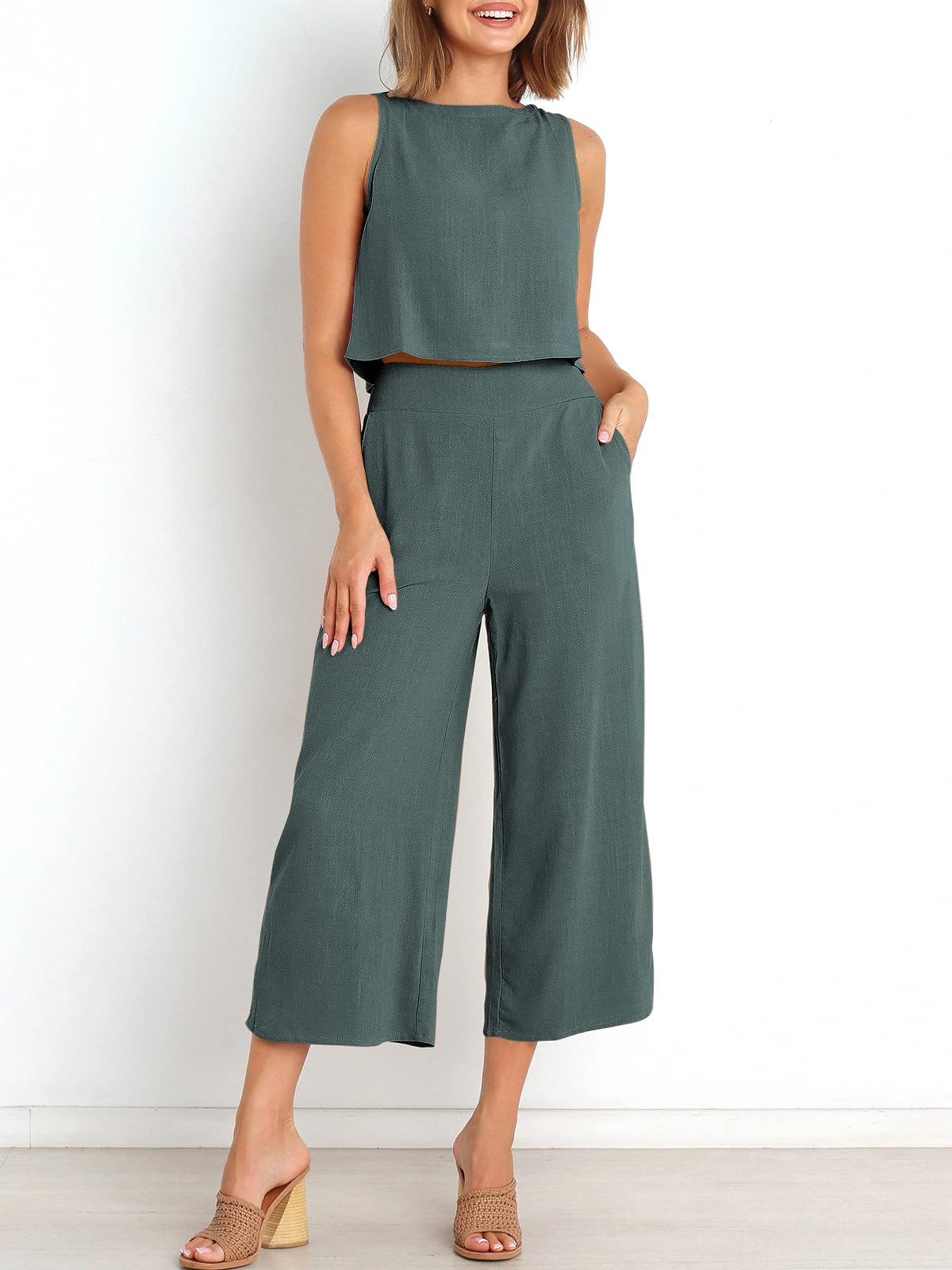 Sleeveless Tank Wide Leg Pants With Pockets