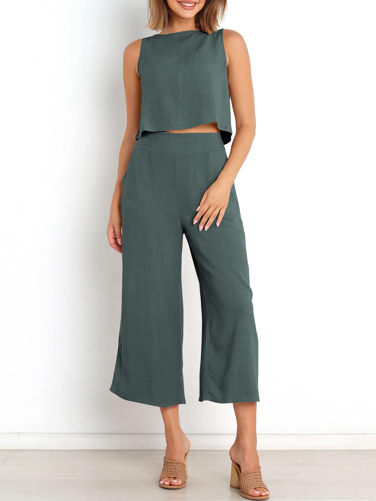 Sleeveless Tank Wide Leg Pants With Pockets