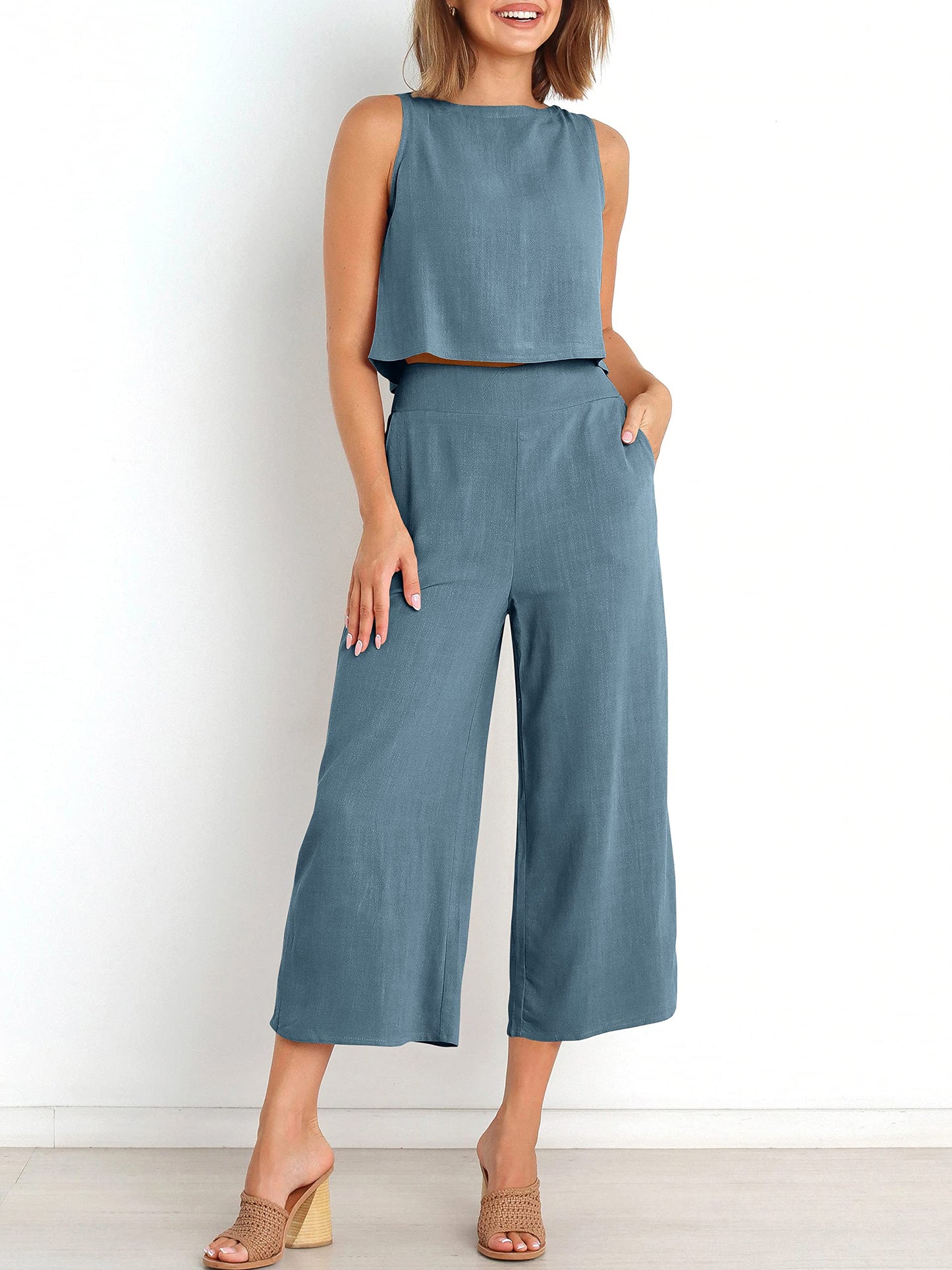 Sleeveless Tank Wide Leg Pants With Pockets