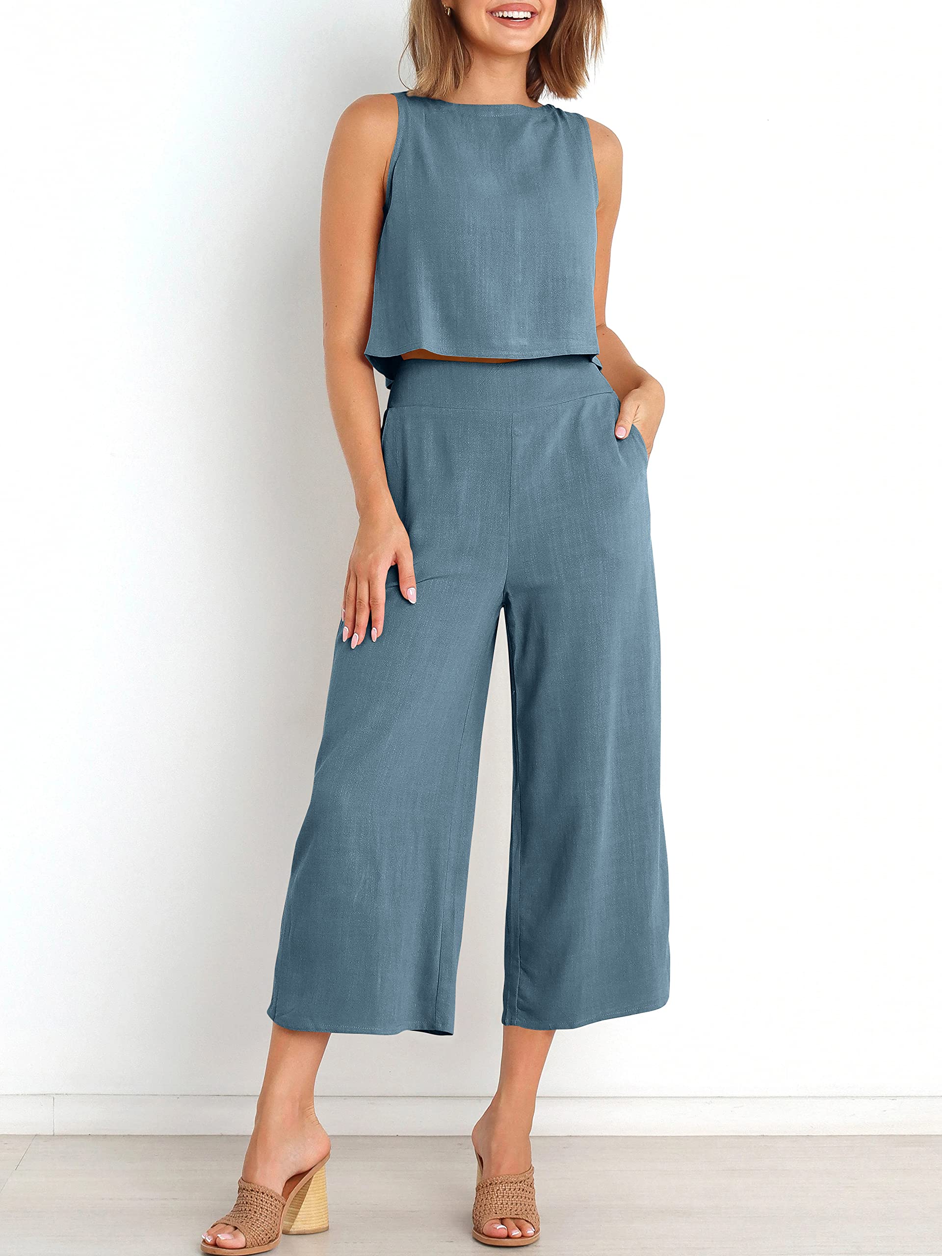 Sleeveless Tank Wide Leg Pants With Pockets