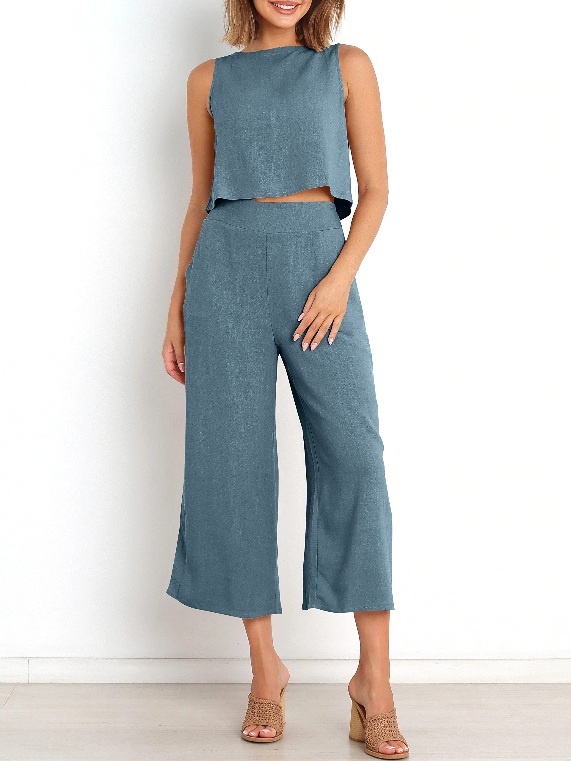 Sleeveless Tank Wide Leg Pants With Pockets
