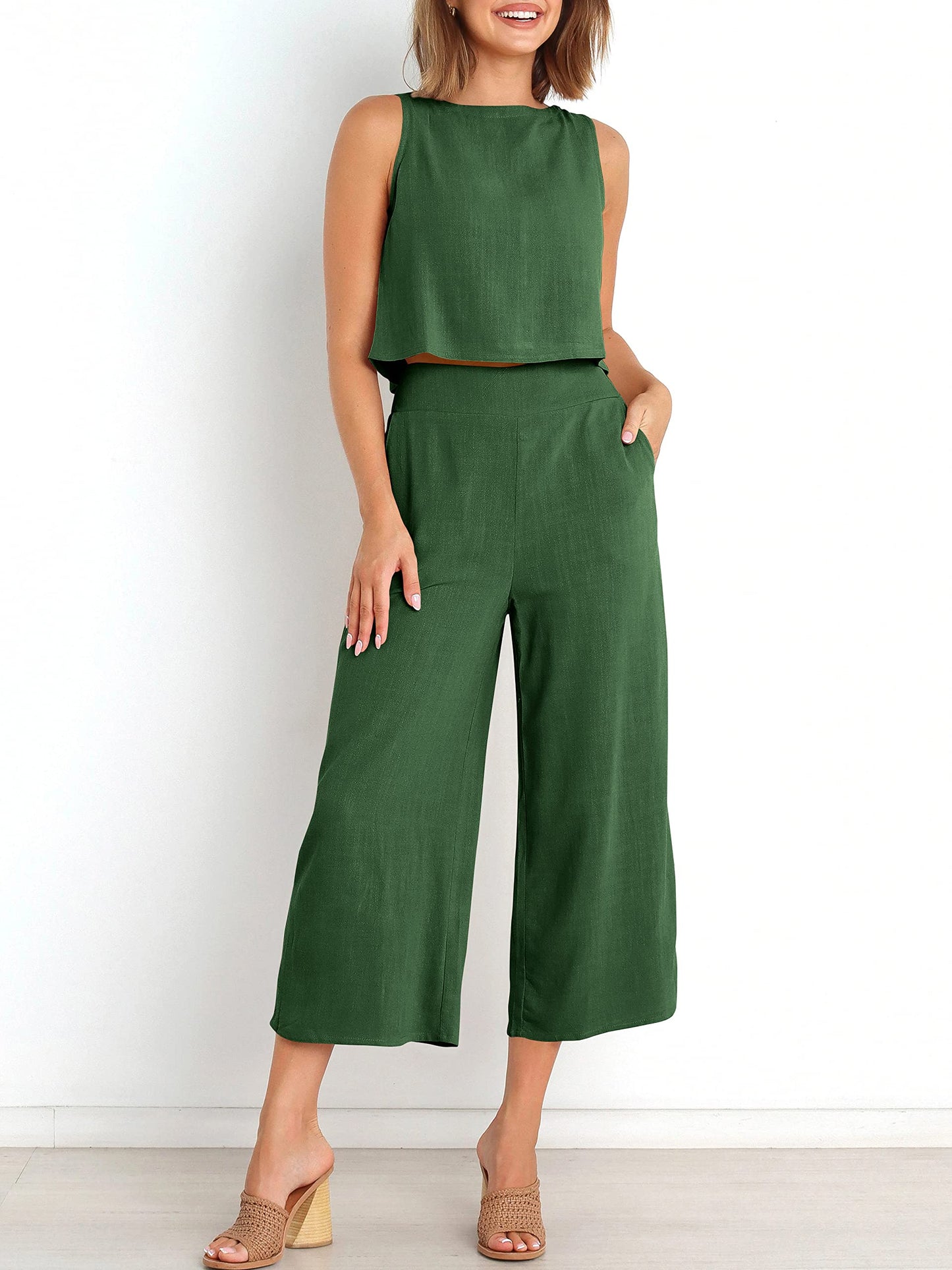 Sleeveless Tank Wide Leg Pants With Pockets