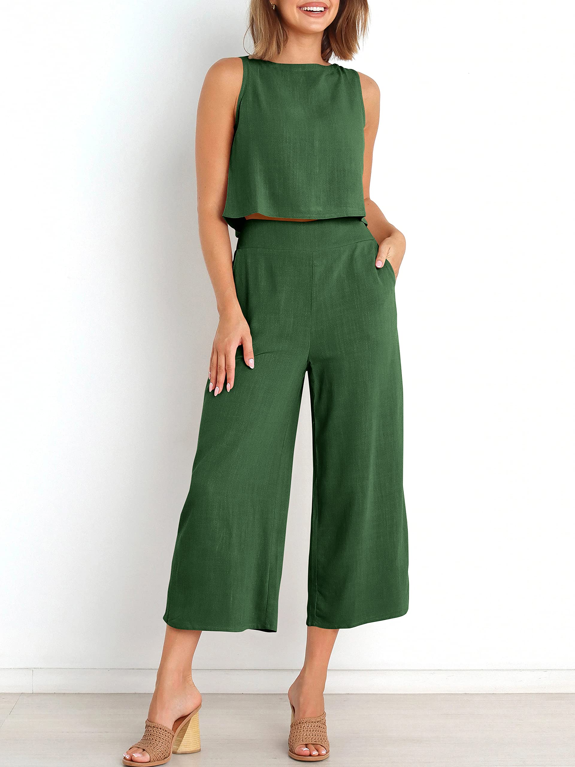 Sleeveless Tank Wide Leg Pants With Pockets