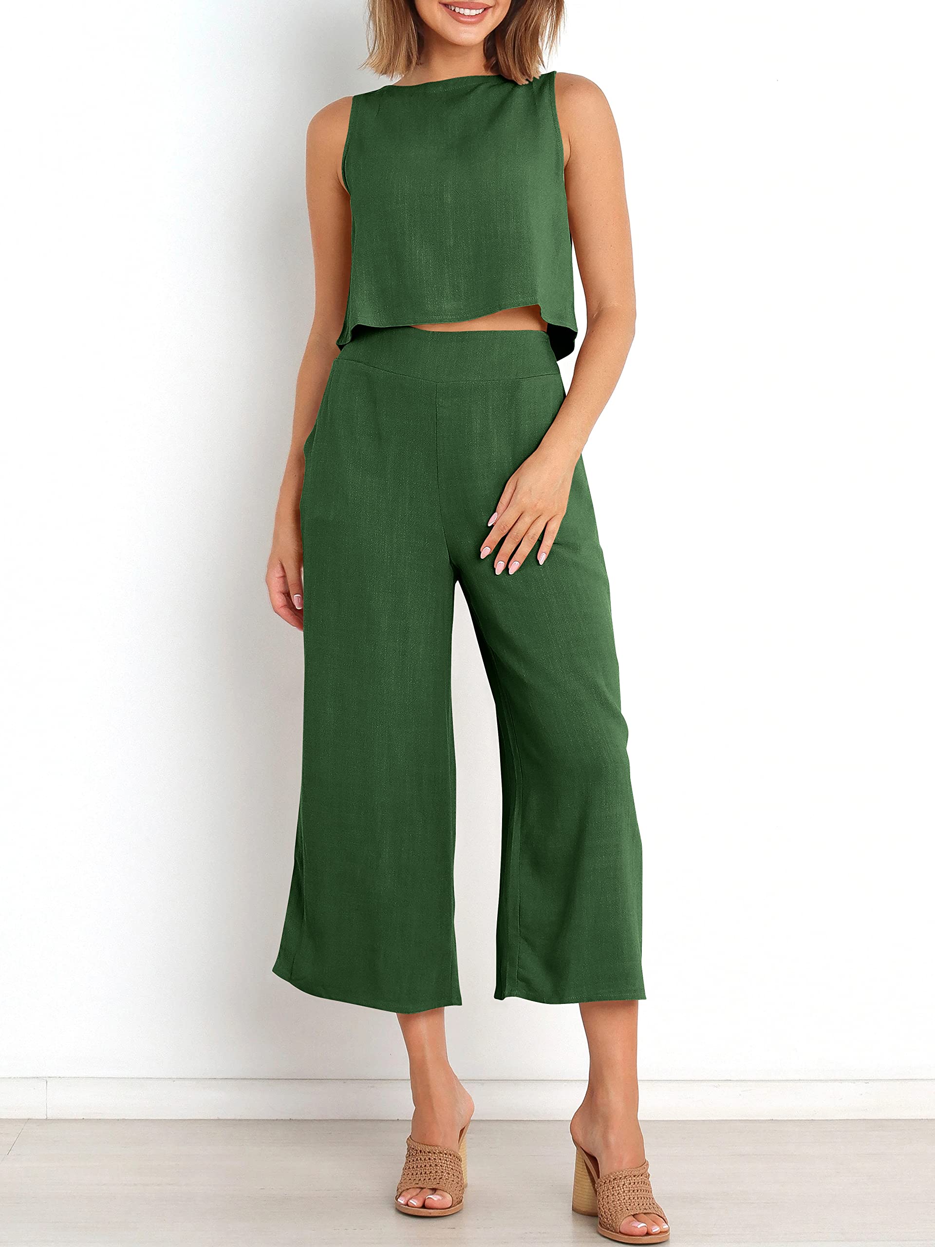 Sleeveless Tank Wide Leg Pants With Pockets