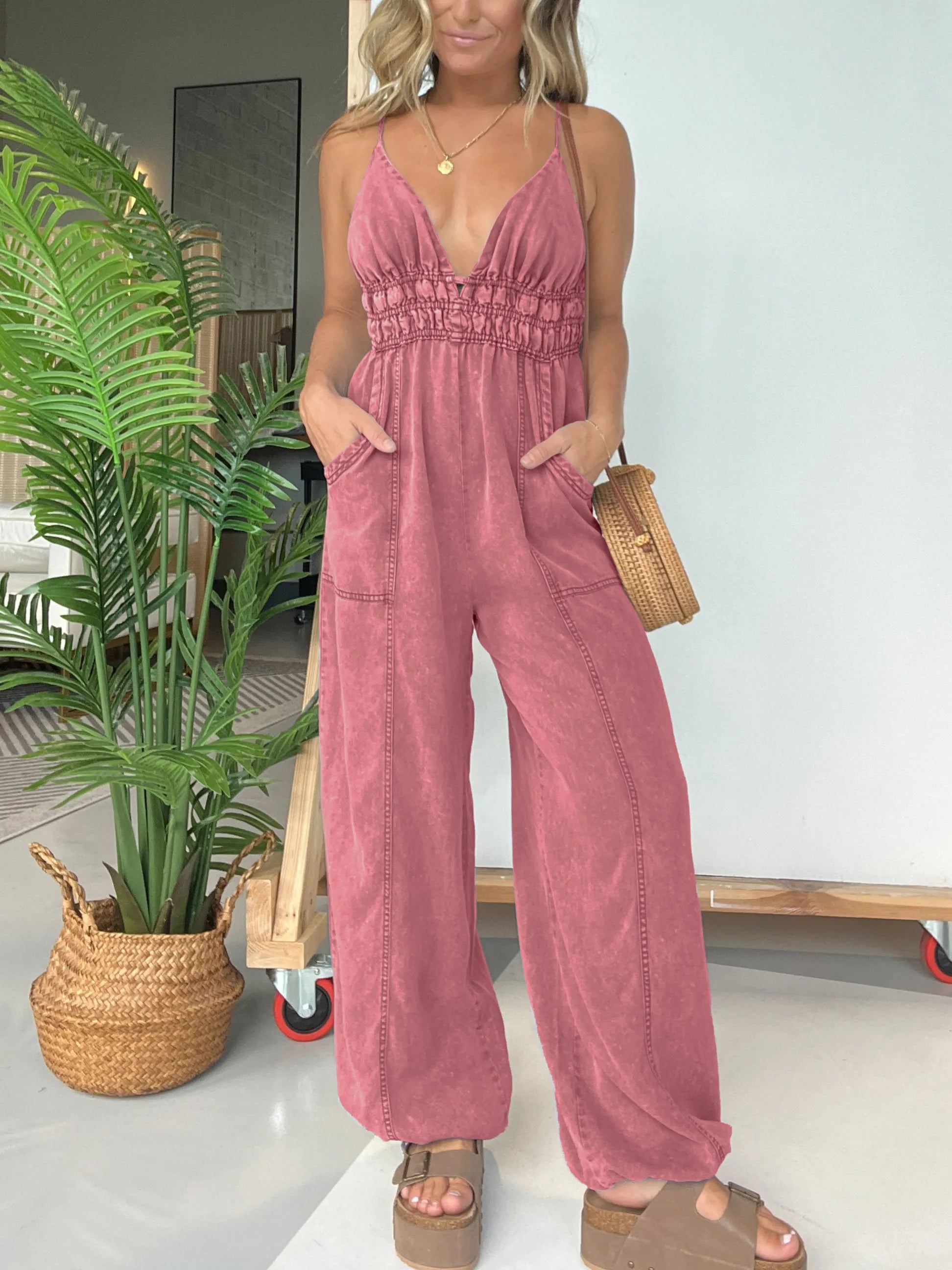 Adjustable Straps Lightweight  V-Neck Jumpsuit £¨Buy 2 Free Shipping£©