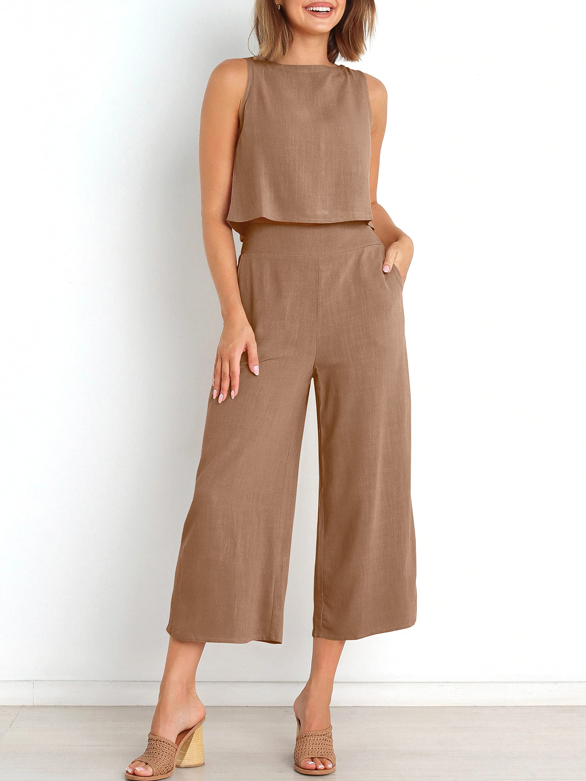 Sleeveless Tank Wide Leg Pants With Pockets