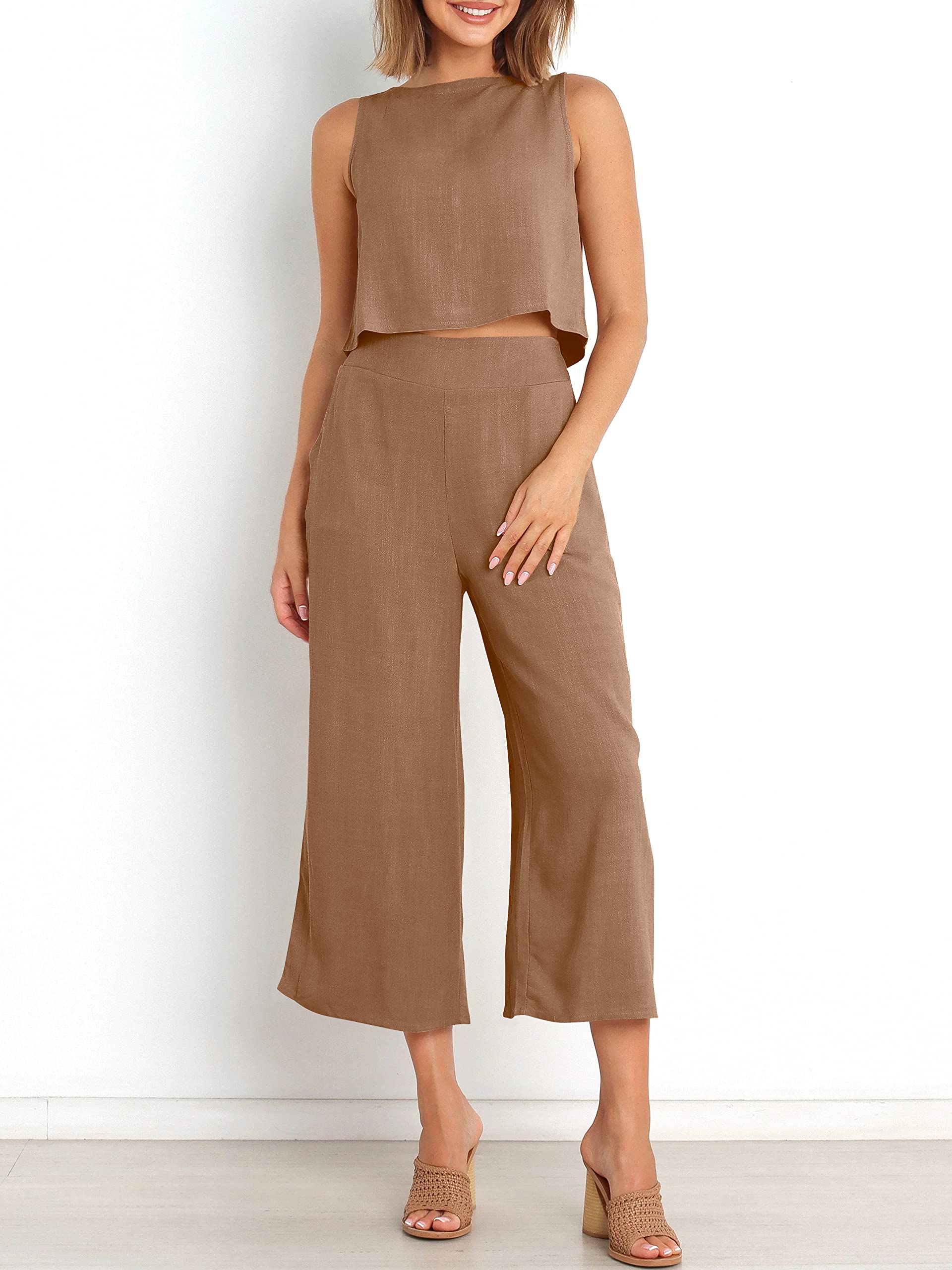 Sleeveless Tank Wide Leg Pants With Pockets