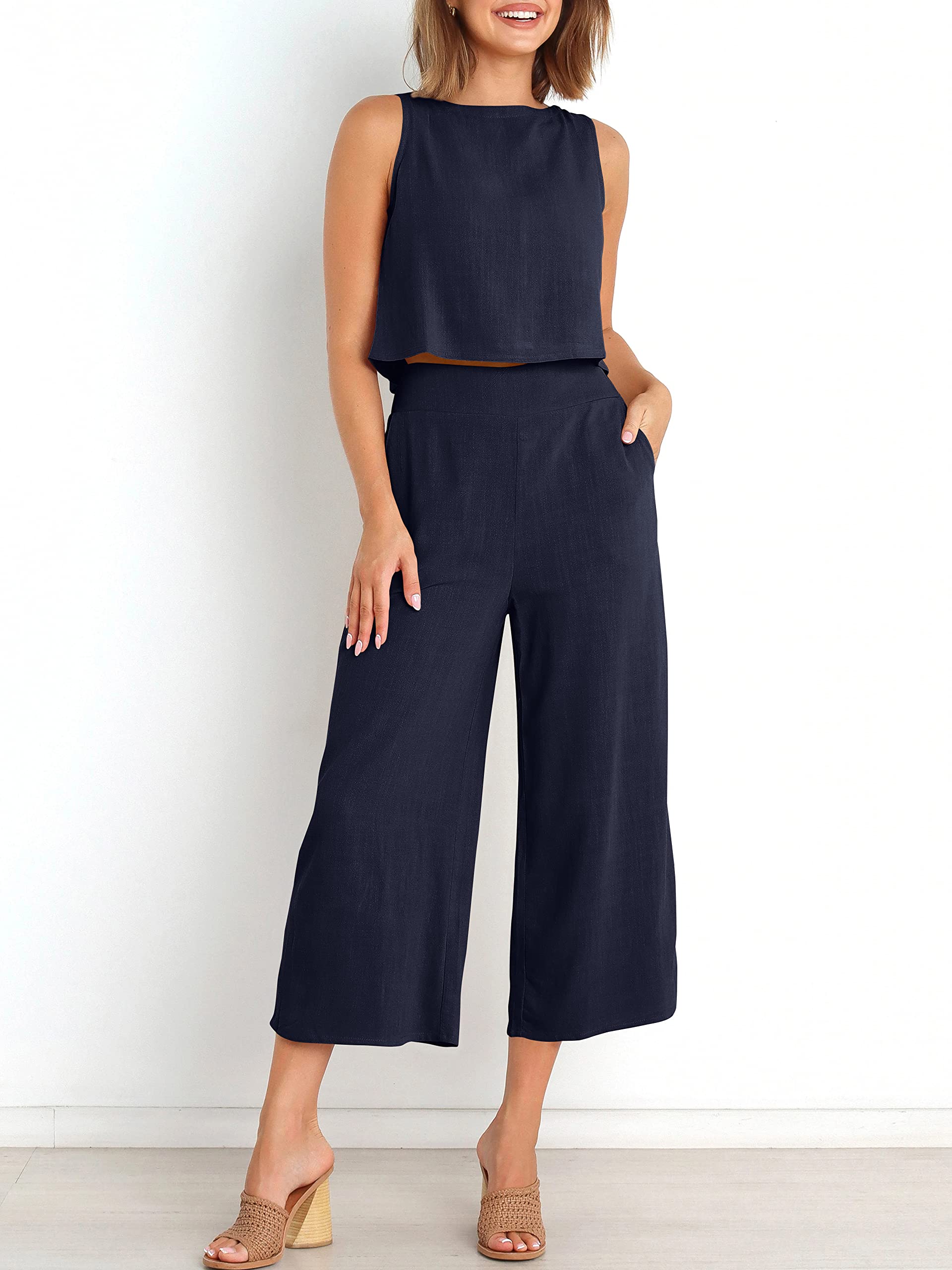 Sleeveless Tank Wide Leg Pants With Pockets