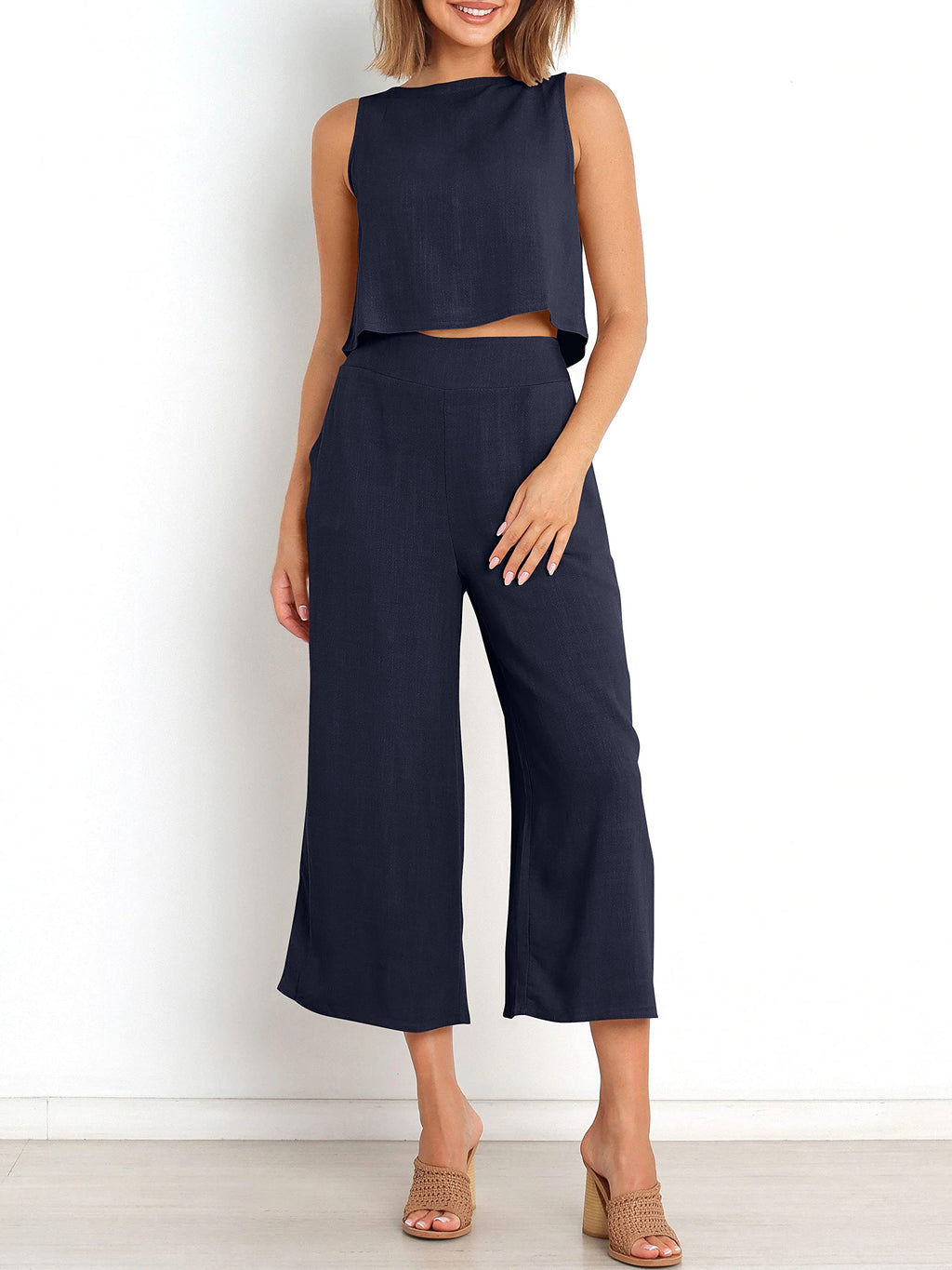 Sleeveless Tank Wide Leg Pants With Pockets