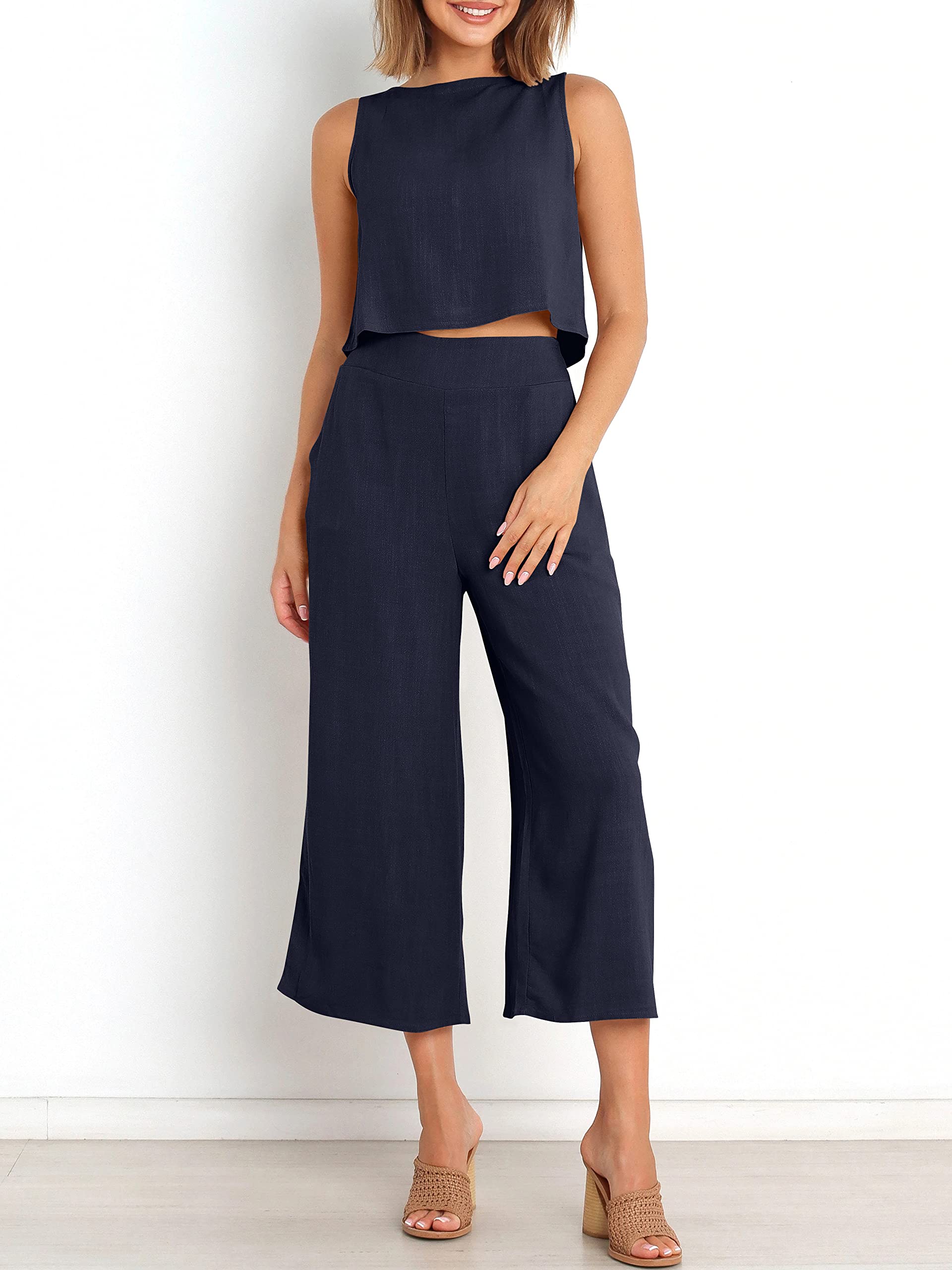 Sleeveless Tank Wide Leg Pants With Pockets
