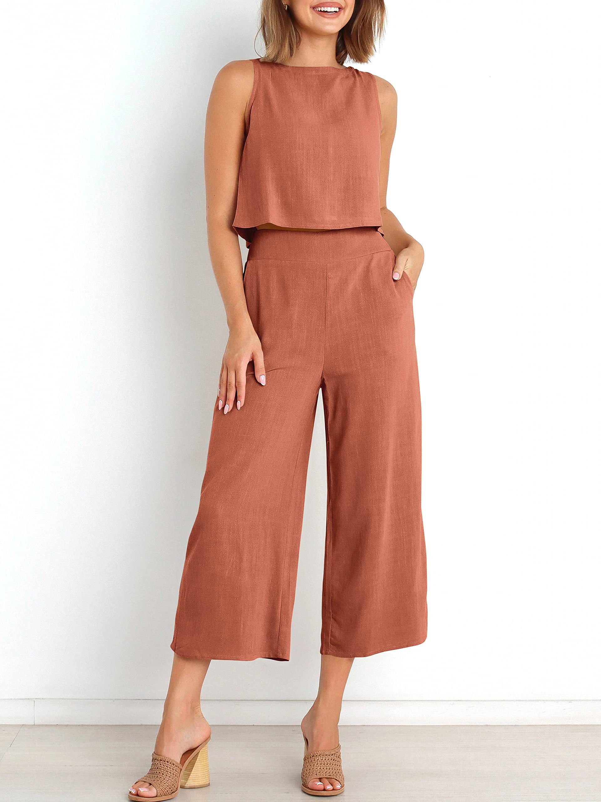 Sleeveless Tank Wide Leg Pants With Pockets