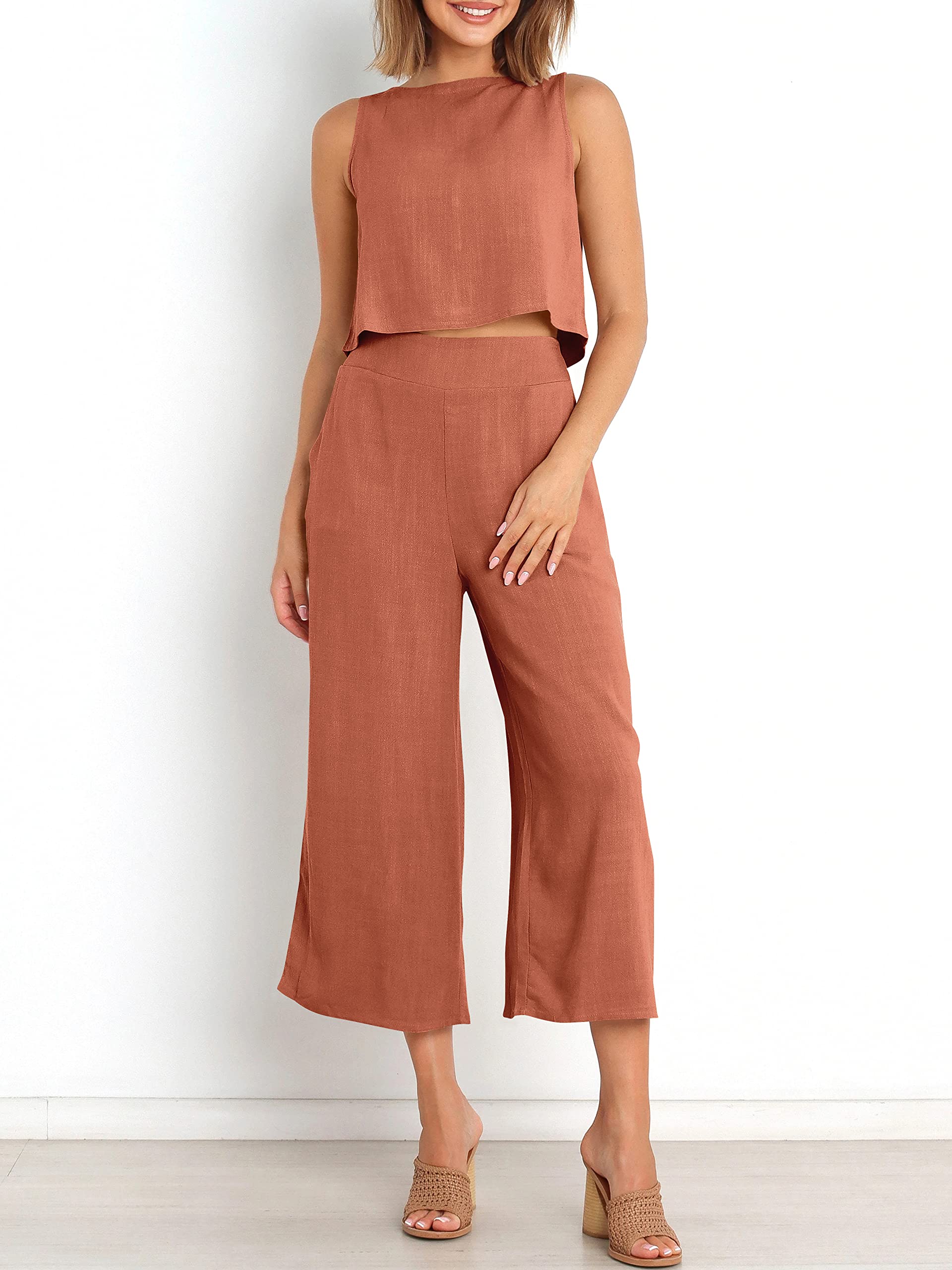 Sleeveless Tank Wide Leg Pants With Pockets