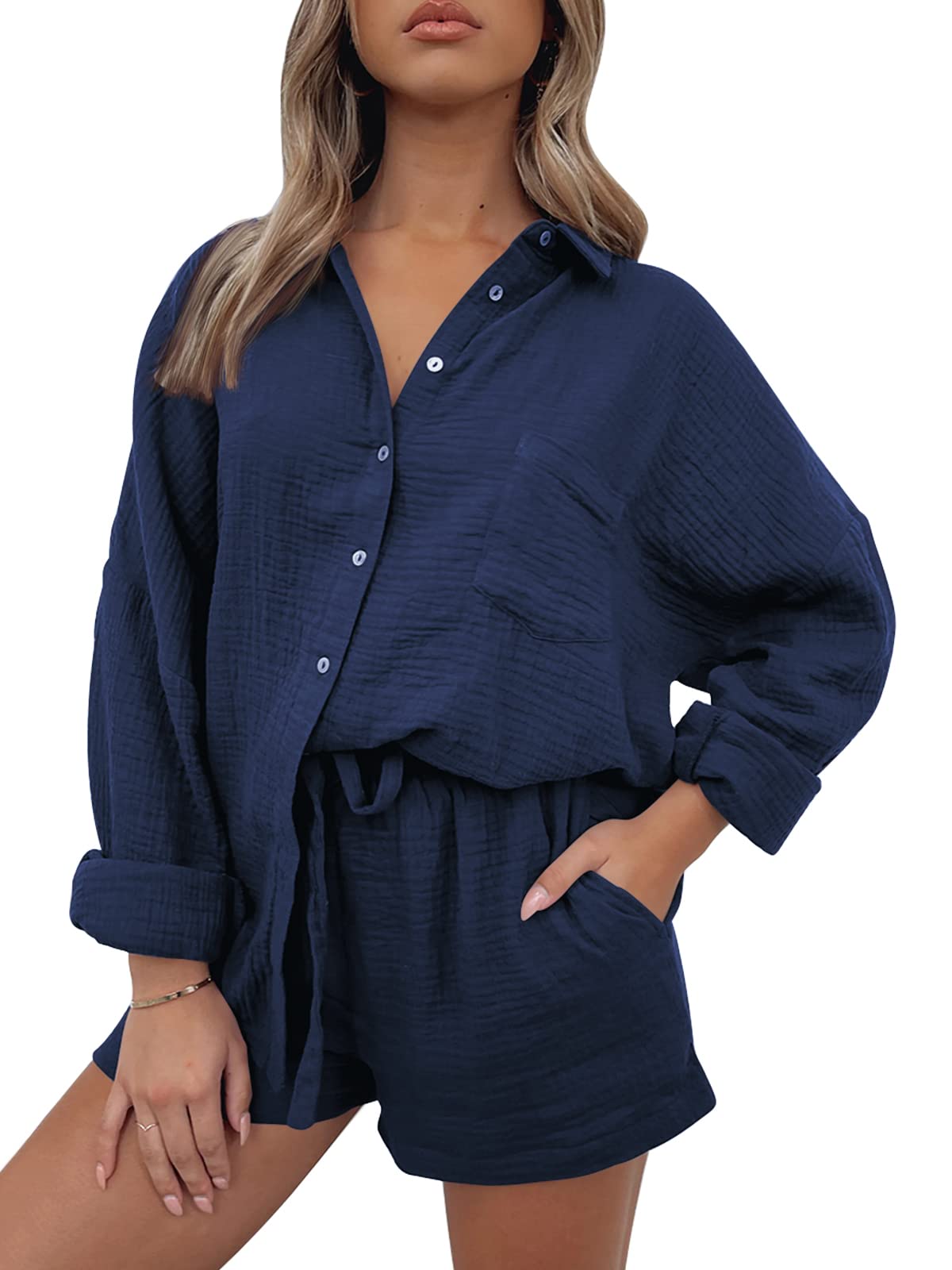 Women Lounge Sets Long Sleeve Oversized Shirts And Shorts Tracksuit(BUY 2 FREE SHIPPING)