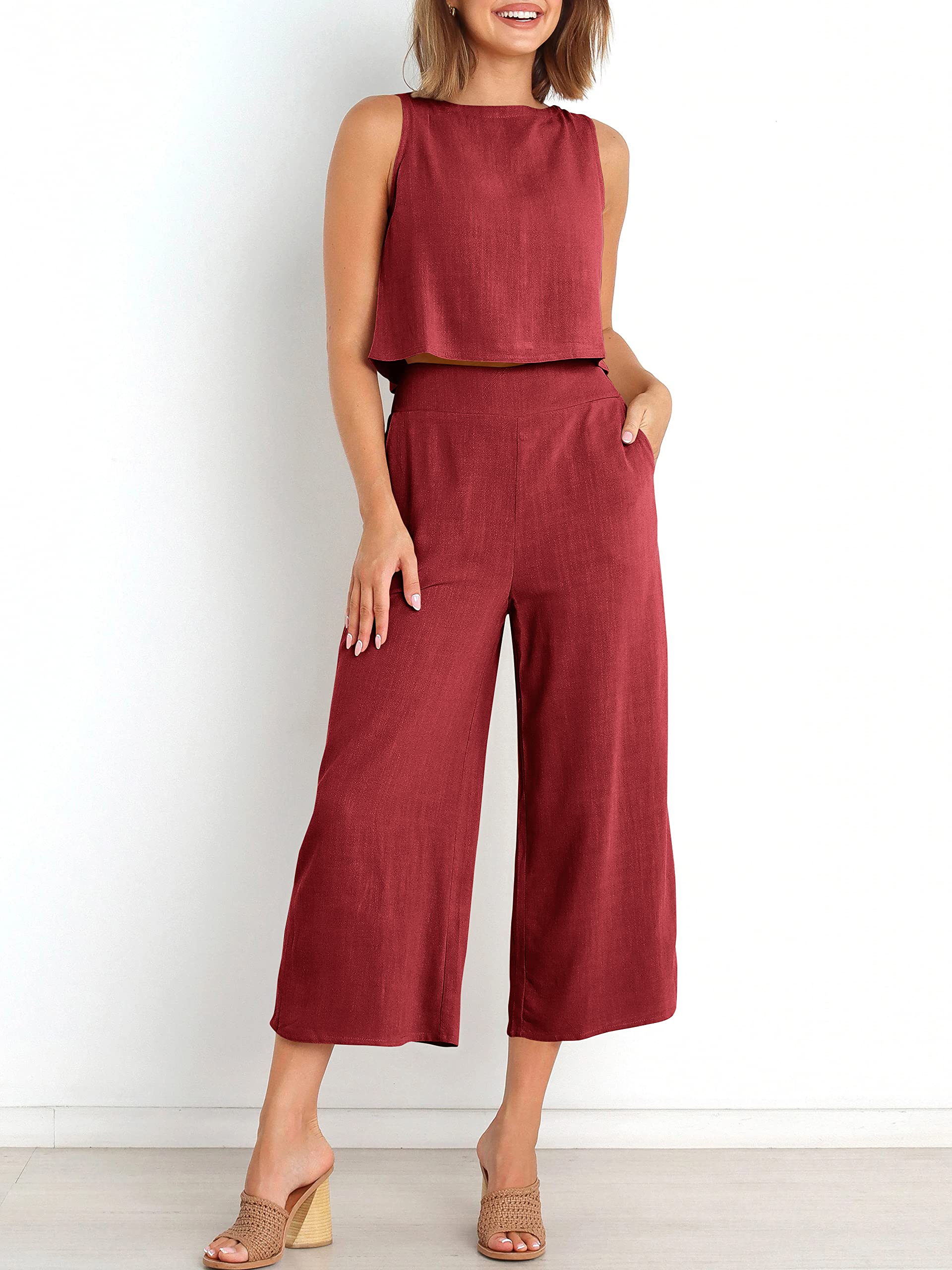 Sleeveless Tank Wide Leg Pants With Pockets