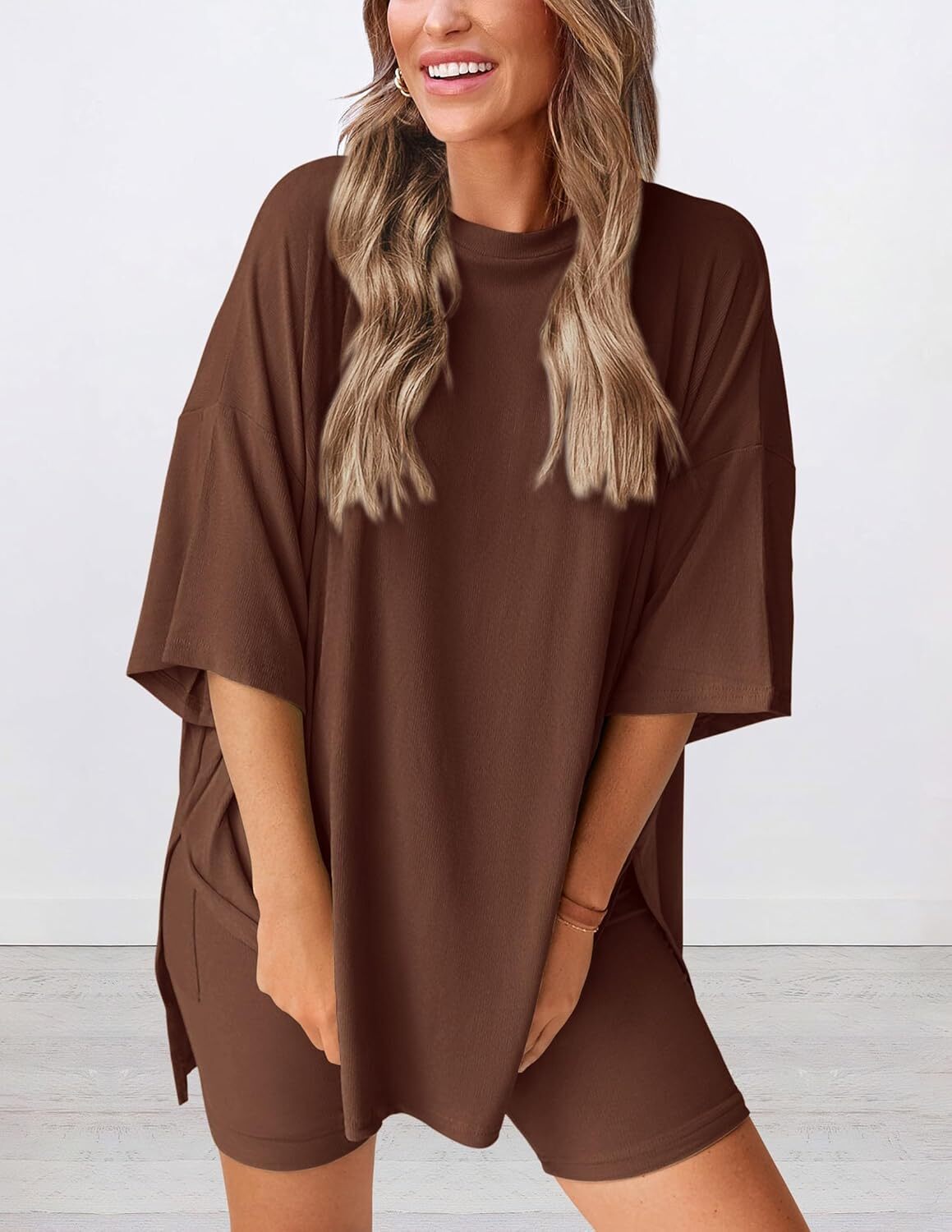 Special Sale🩷Women's Two Piece Lounge Set Casual Oversized Shirts Biker Shorts Matching Airport Travel Outfit
