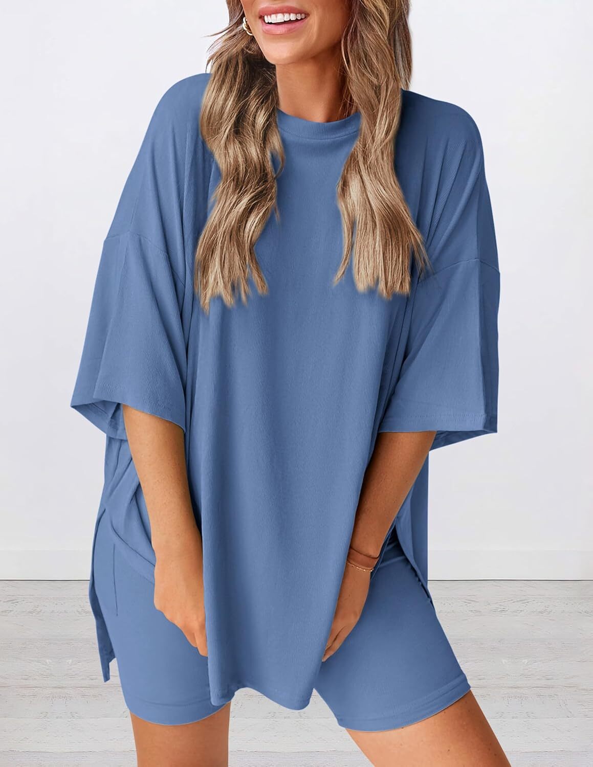Special Sale🩷Women's Two Piece Lounge Set Casual Oversized Shirts Biker Shorts Matching Airport Travel Outfit
