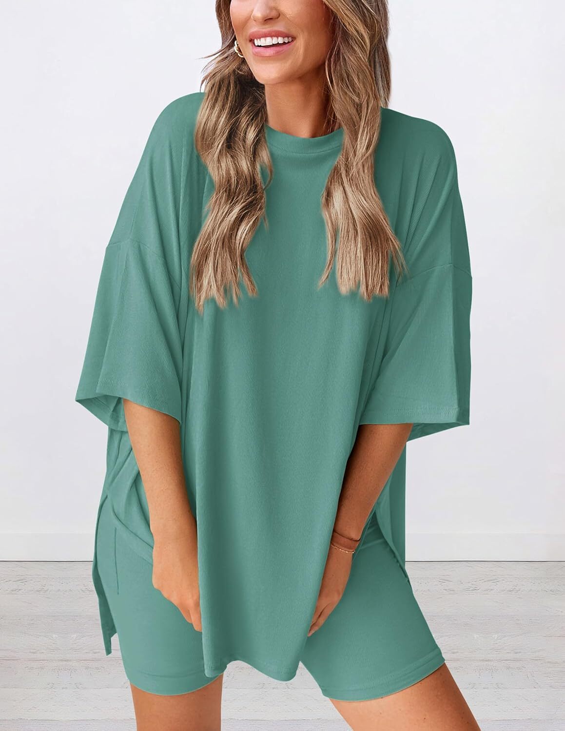 Special Sale🩷Women's Two Piece Lounge Set Casual Oversized Shirts Biker Shorts Matching Airport Travel Outfit