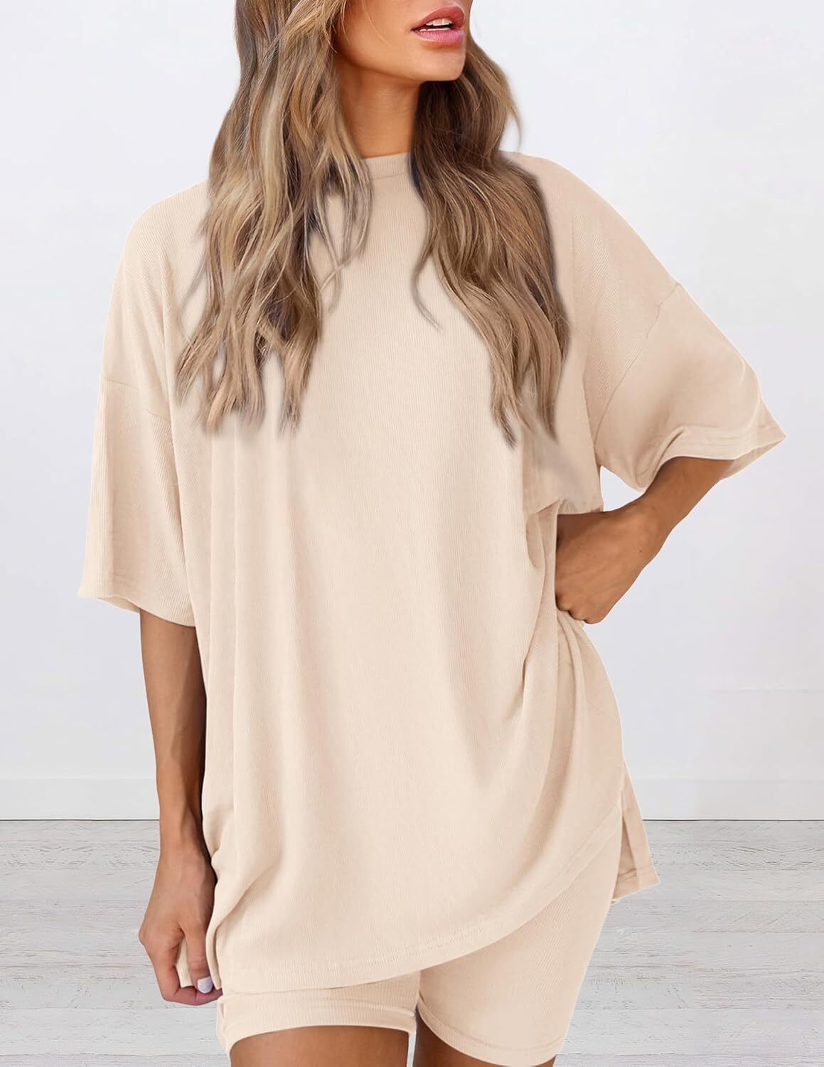 Special Sale🩷Women's Two Piece Lounge Set Casual Oversized Shirts Biker Shorts Matching Airport Travel Outfit