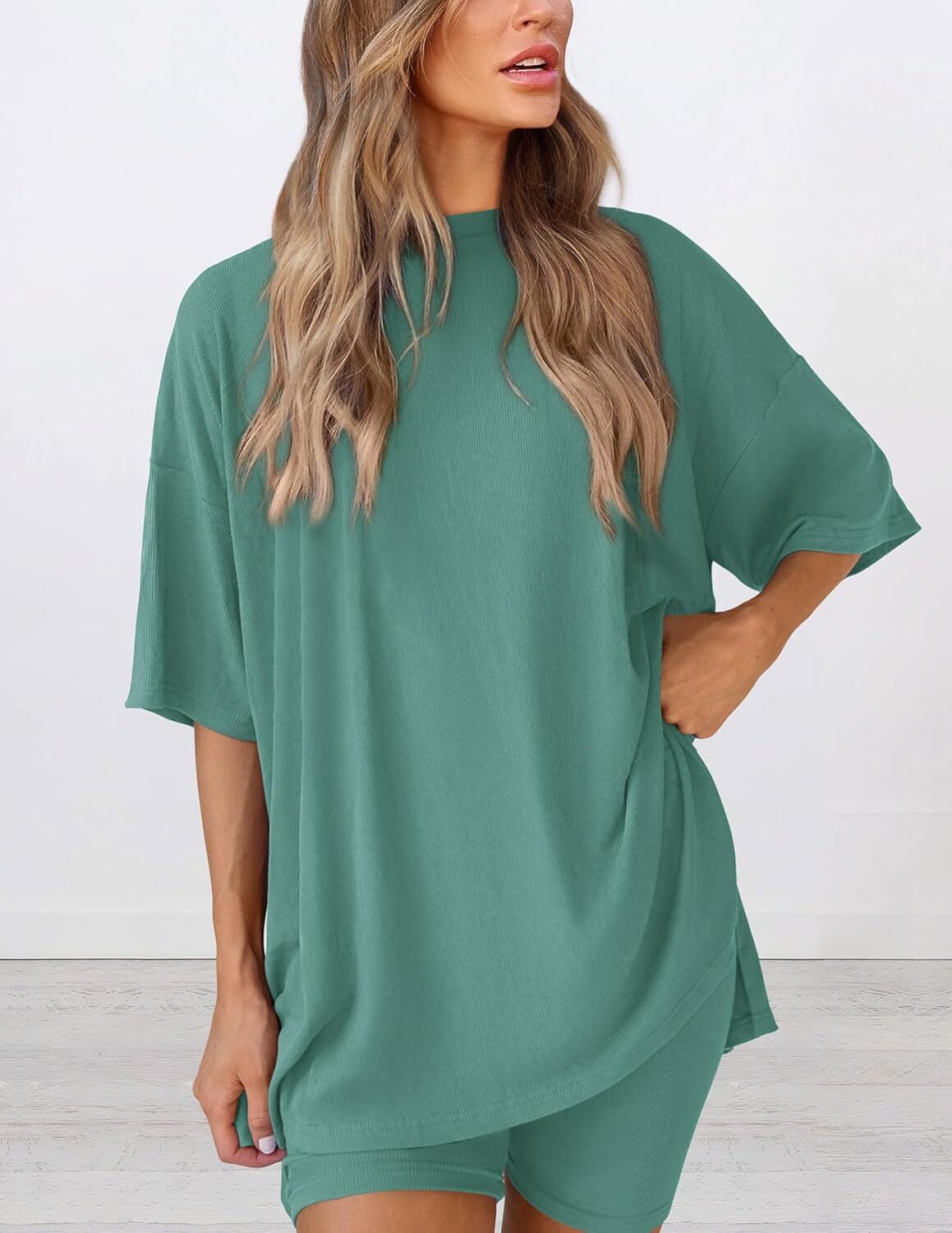 Special Sale🩷Women's Two Piece Lounge Set Casual Oversized Shirts Biker Shorts Matching Airport Travel Outfit