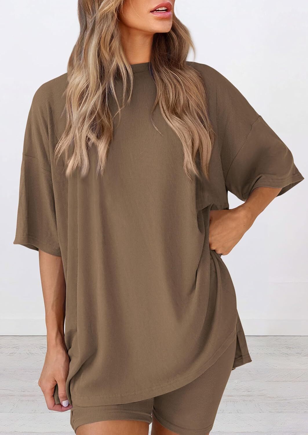 Special Sale🩷Women's Two Piece Lounge Set Casual Oversized Shirts Biker Shorts Matching Airport Travel Outfit