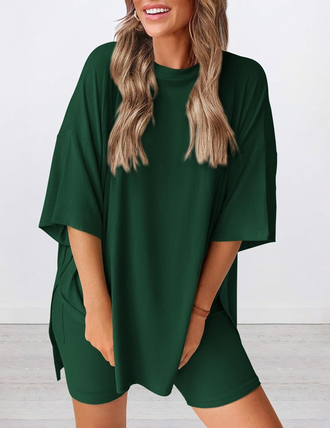 Special Sale🩷Women's Two Piece Lounge Set Casual Oversized Shirts Biker Shorts Matching Airport Travel Outfit